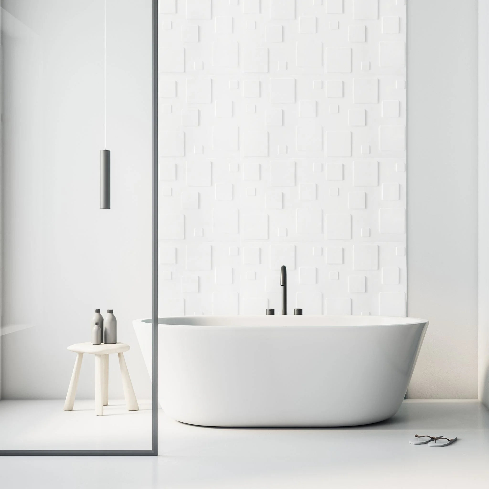 Bathroom with white geometric-patterned PVC wall panels and modern furniture