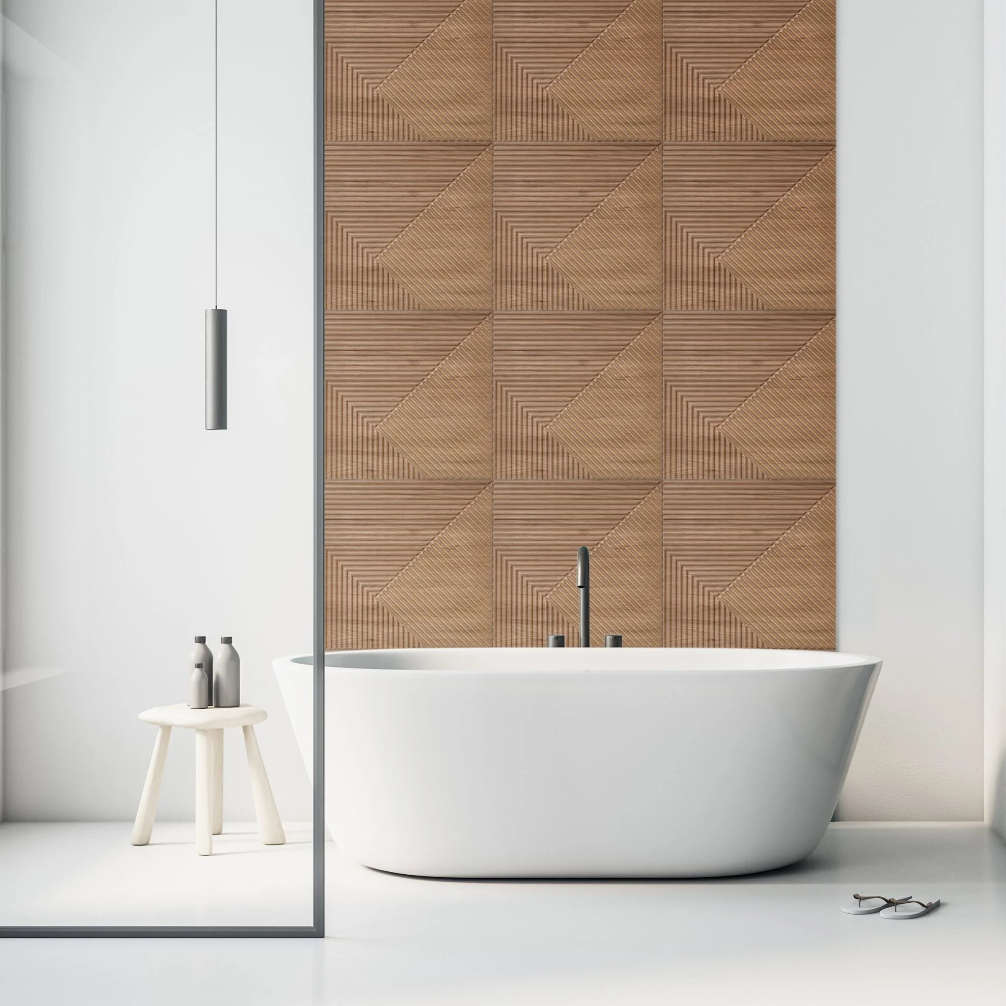 Contemporary bathroom with wooden geometric PVC wall panels