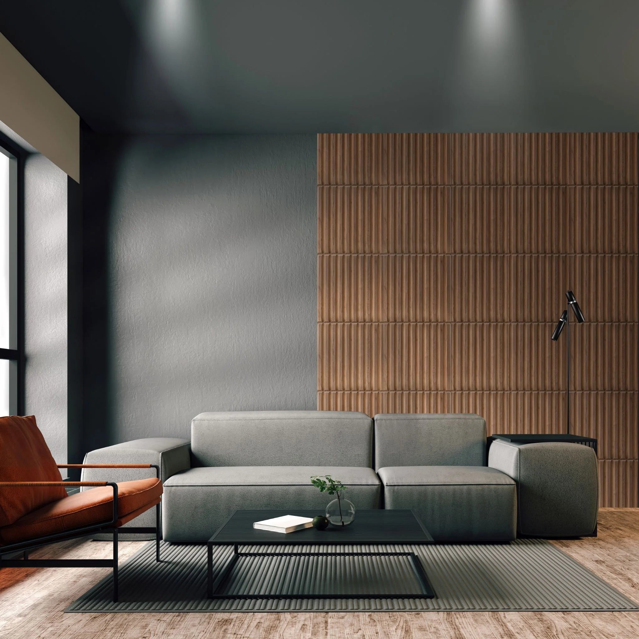 Wooden PVC wall panel with vertical lines in stylish living room