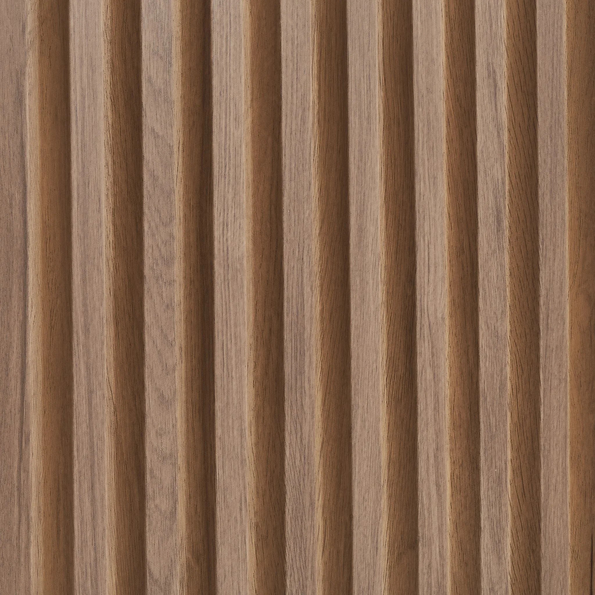 Close-up of wooden PVC wall panel with vertical ribbed pattern
