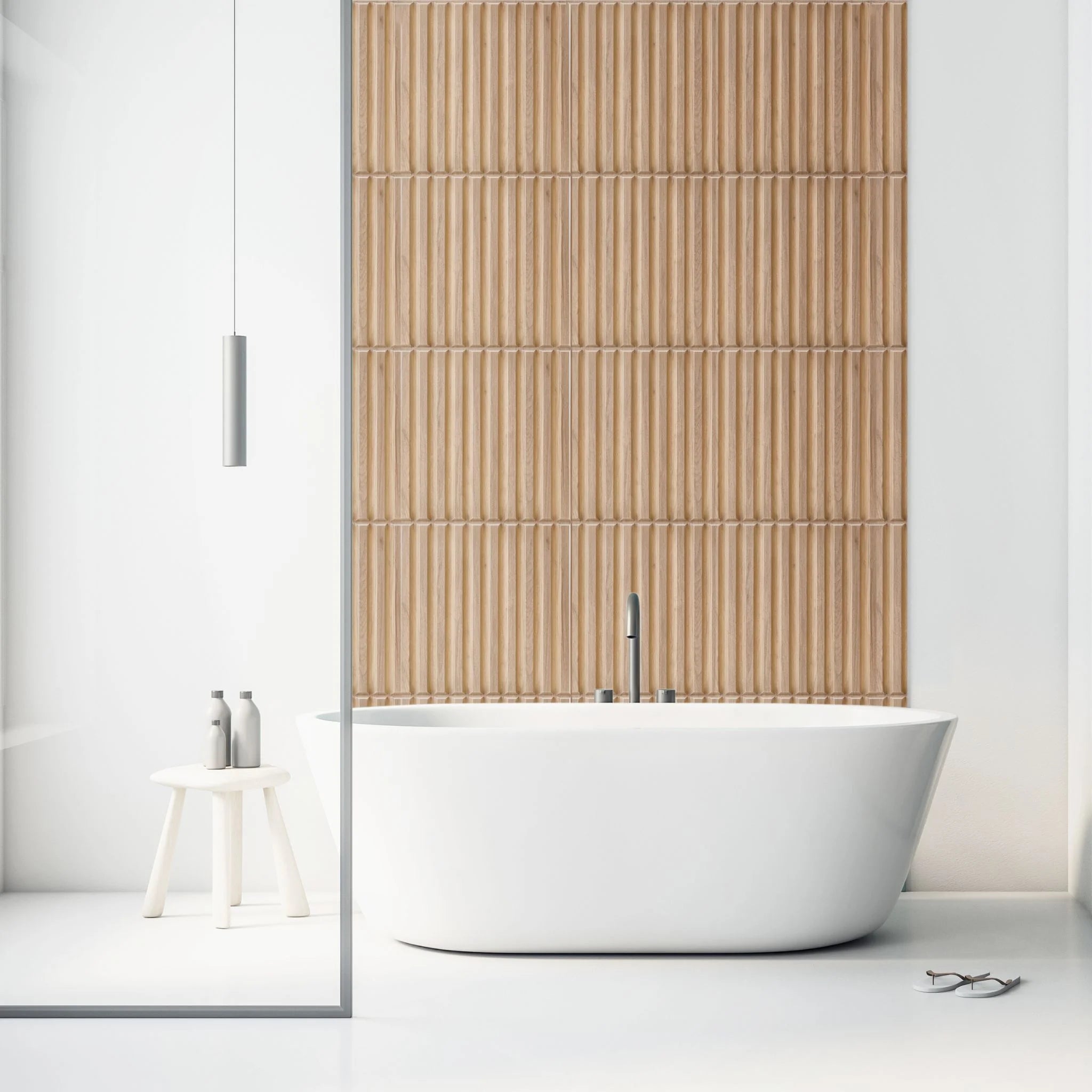 Wooden PVC wall panel with vertical lines in modern bathroom