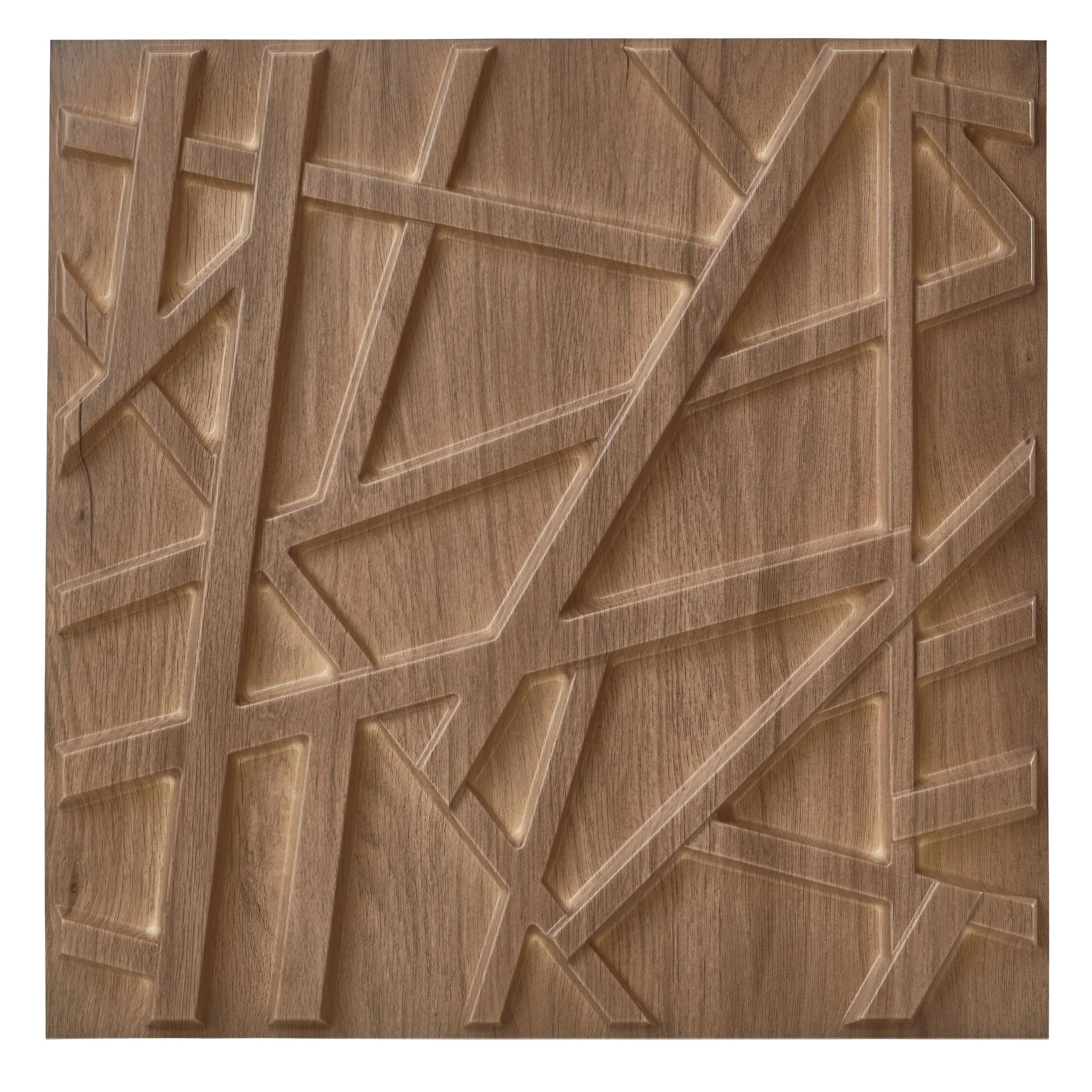 Detail view of wooden PVC wall panel showcasing crisscross design