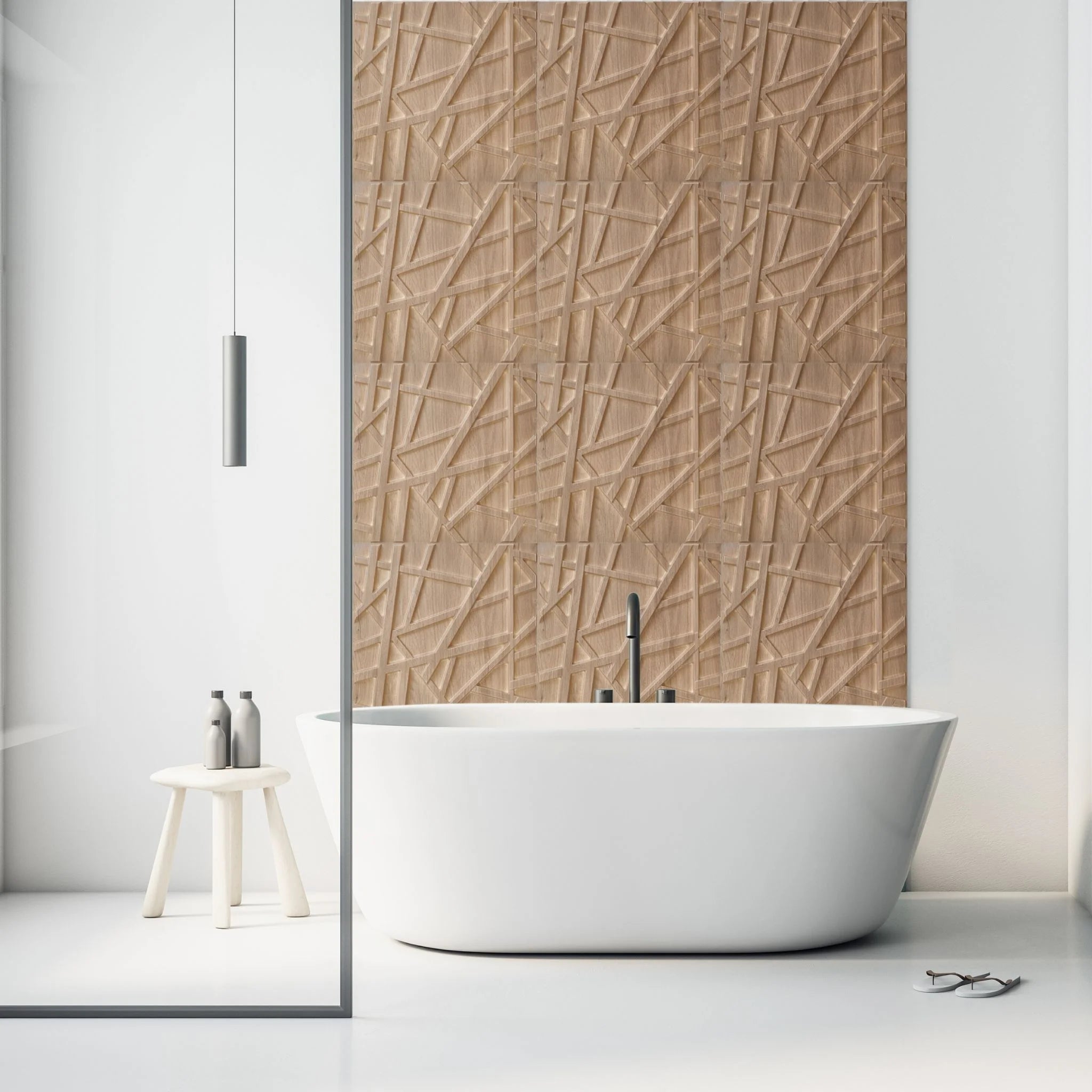 Wooden PVC wall panel with crisscross design in modern bathroom