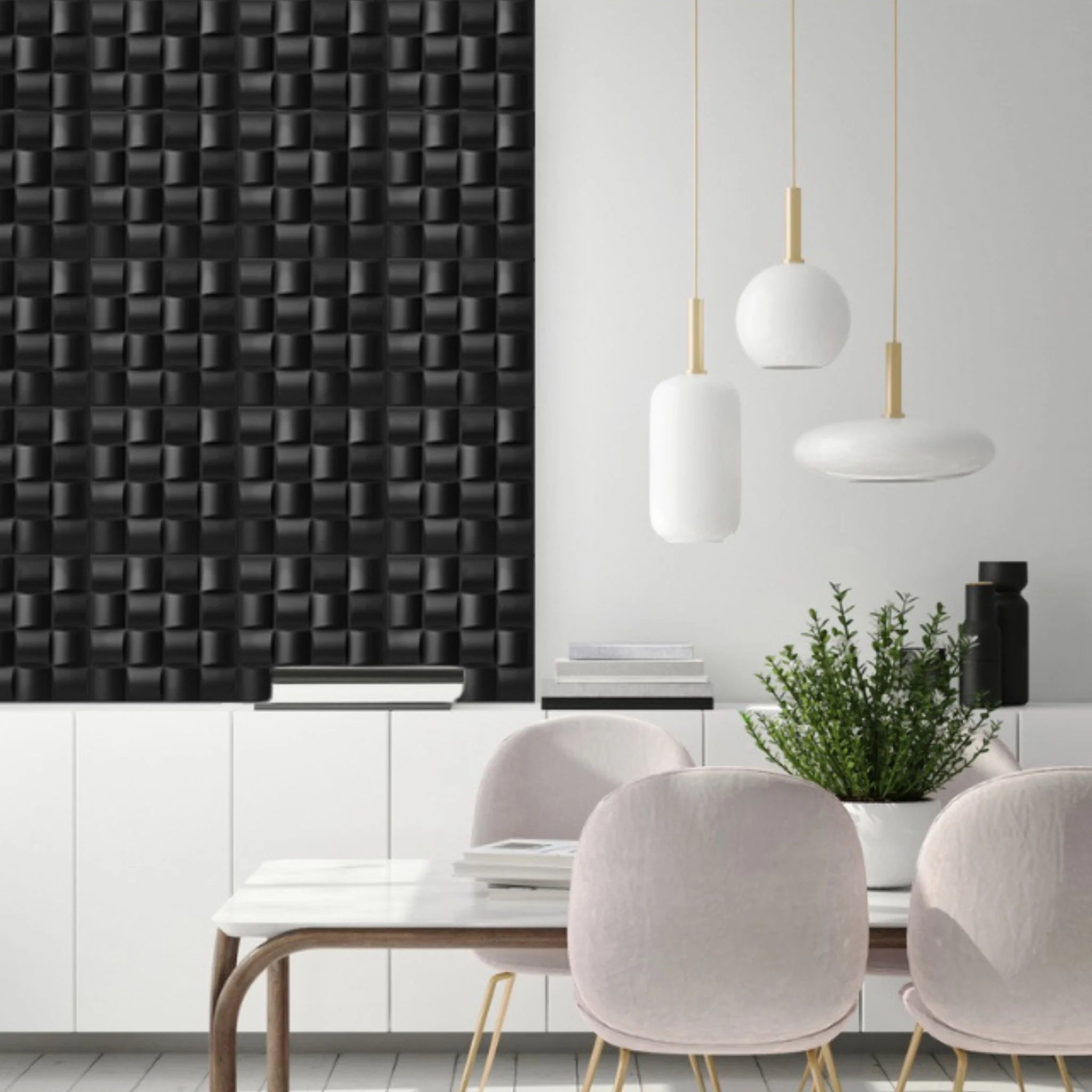 Black PVC wall panel with curved rectangles in modern dining room