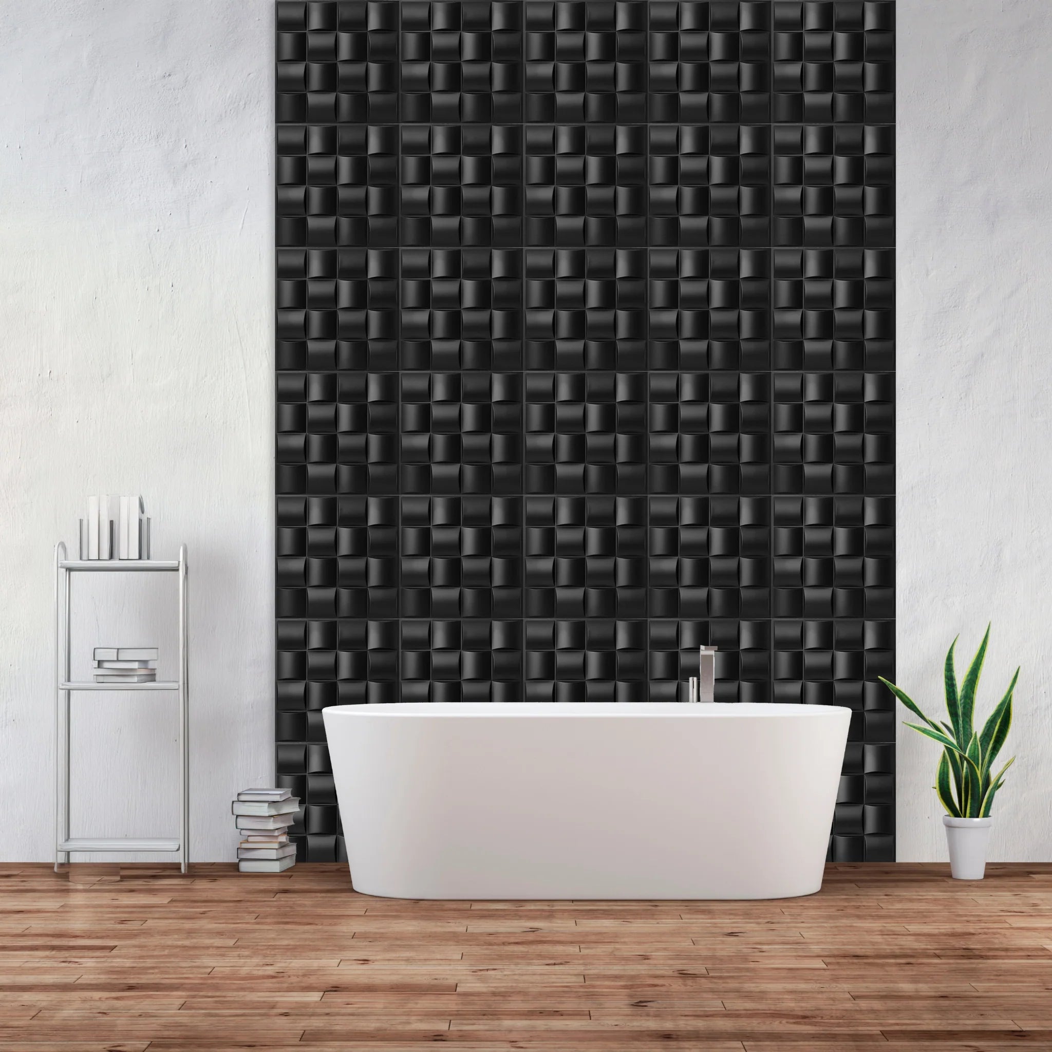 Black 50x50 cm PVC wall panel in minimalist bathroom setting