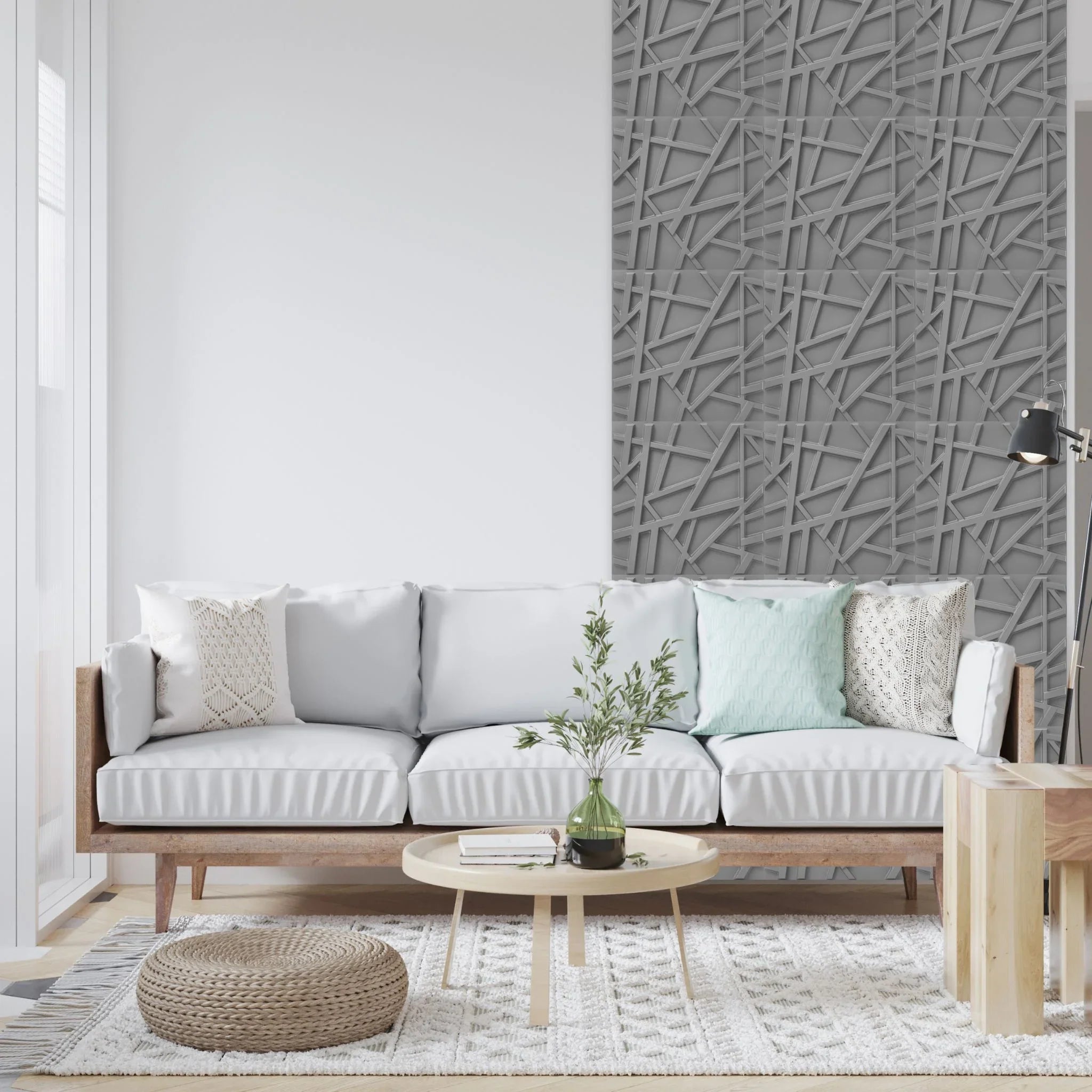 Grey PVC wall panel with crisscross design in stylish living room