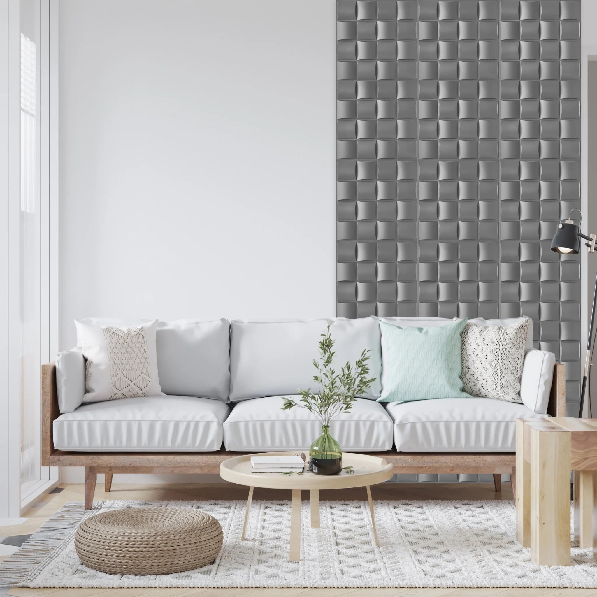 Grey PVC wall panel in contemporary living room with minimalist design