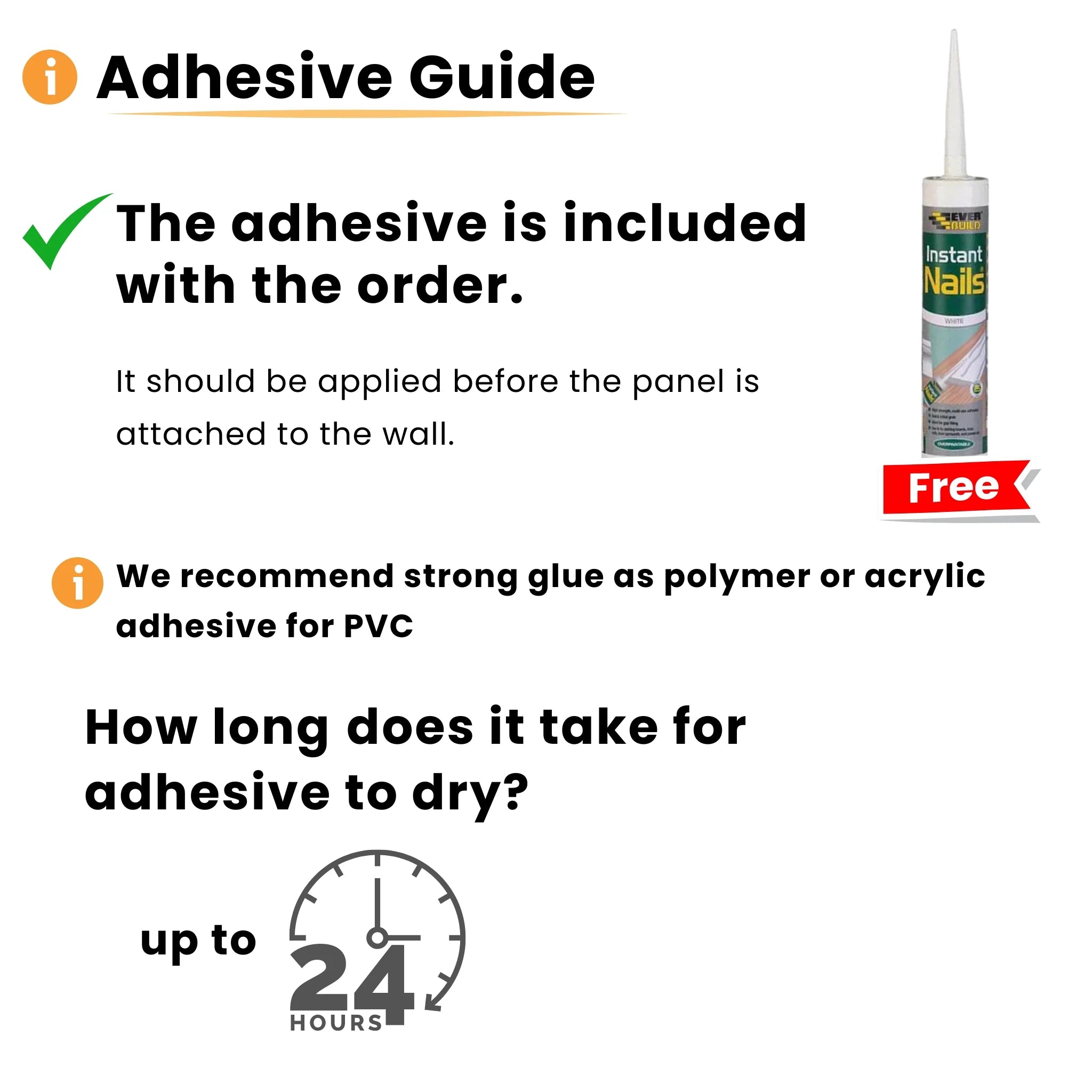 Adhesive guide for PVC wall panels, polymer or acrylic glue recommended