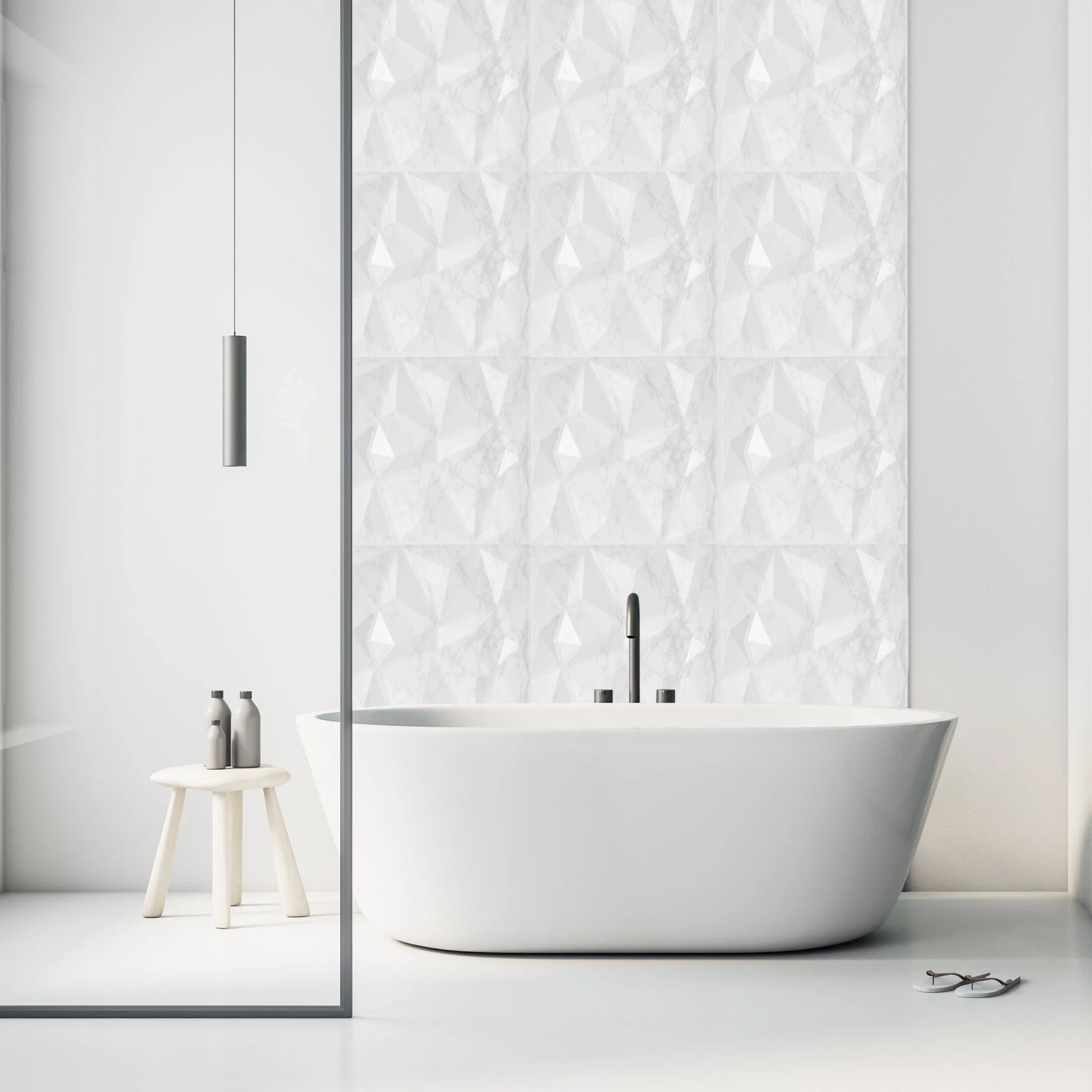 Marble PVC wall panel with geometric design in stylish bath room