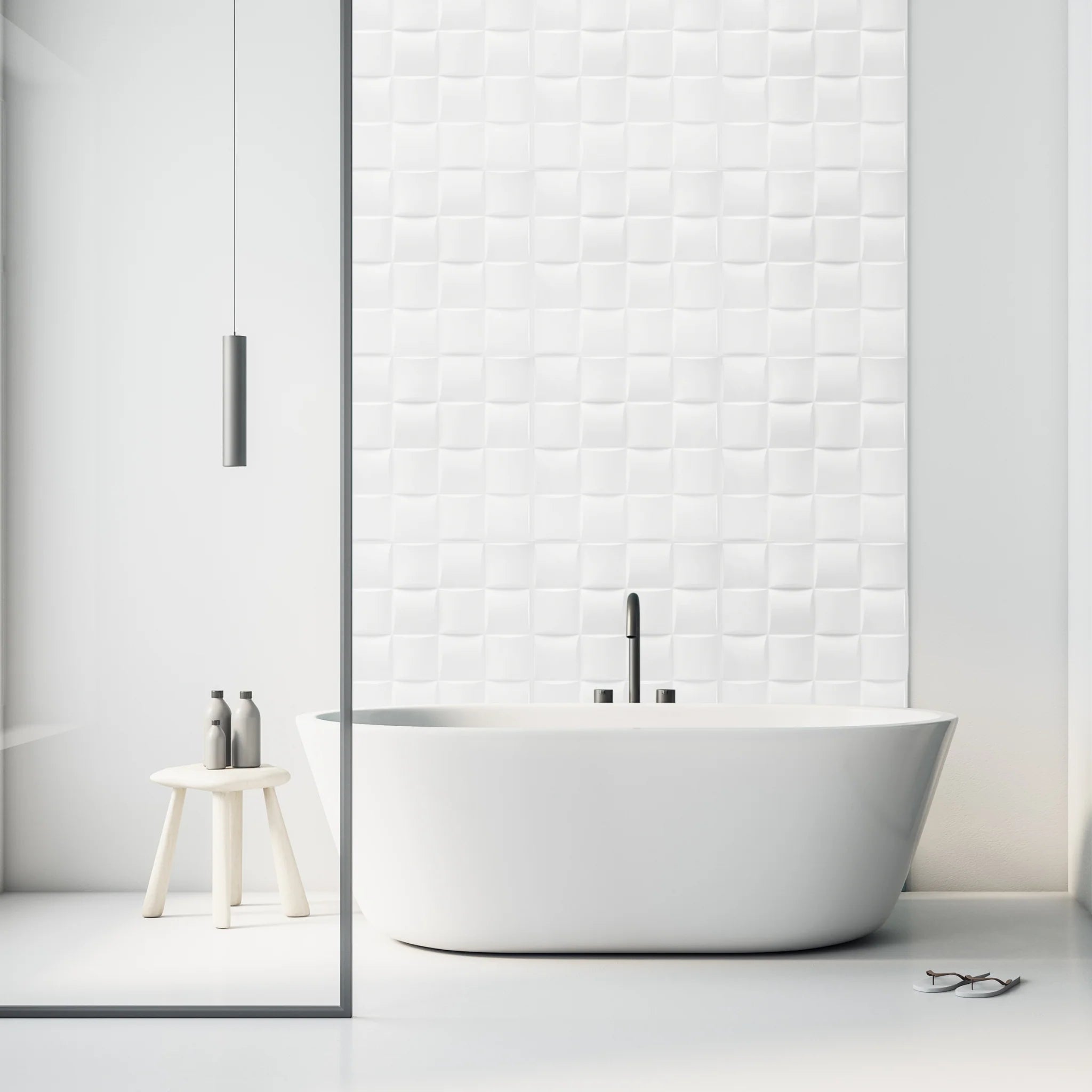 White 50x50 cm PVC wall panel in minimalist bathroom setting