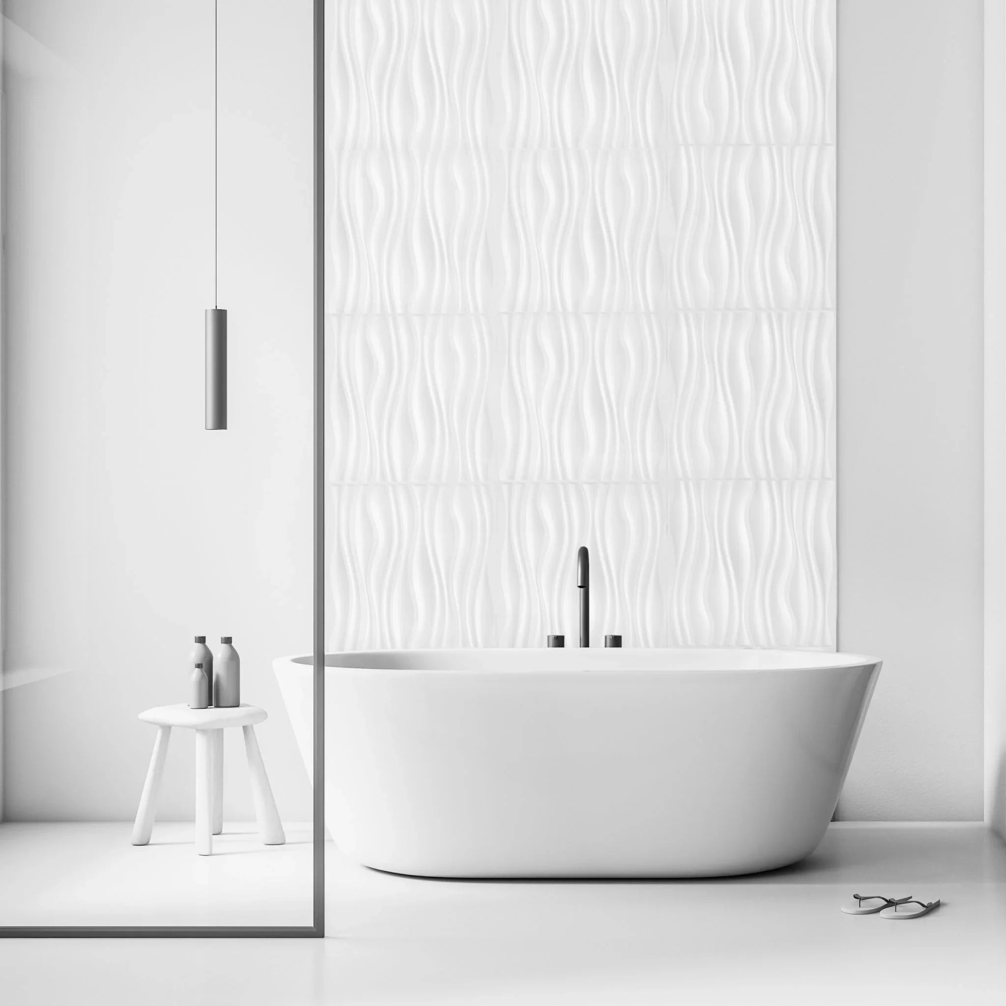 White PVC wall panel with wavy patterns in modern bathroom