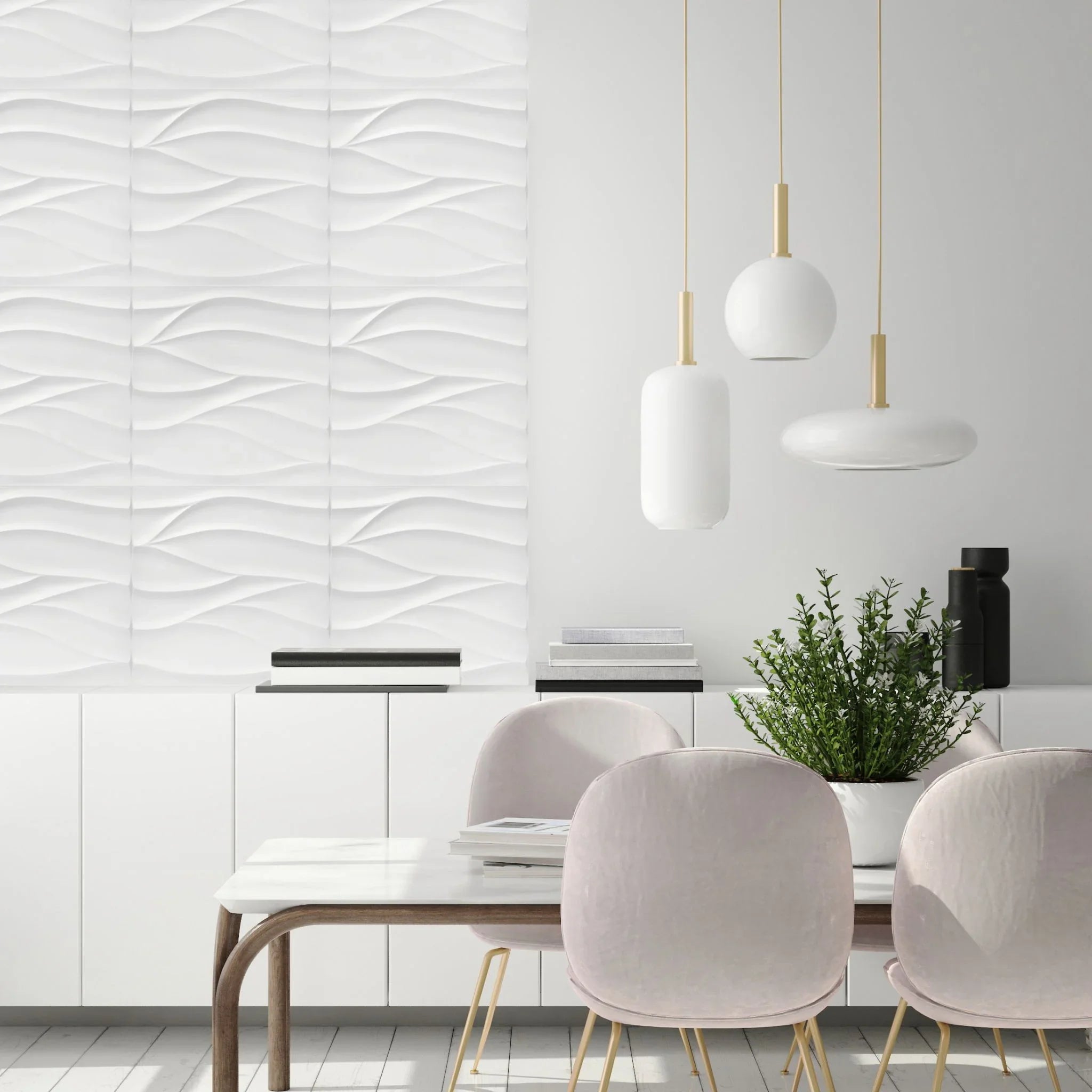 Modern living room with white PVC wall panel featuring wavy patterns