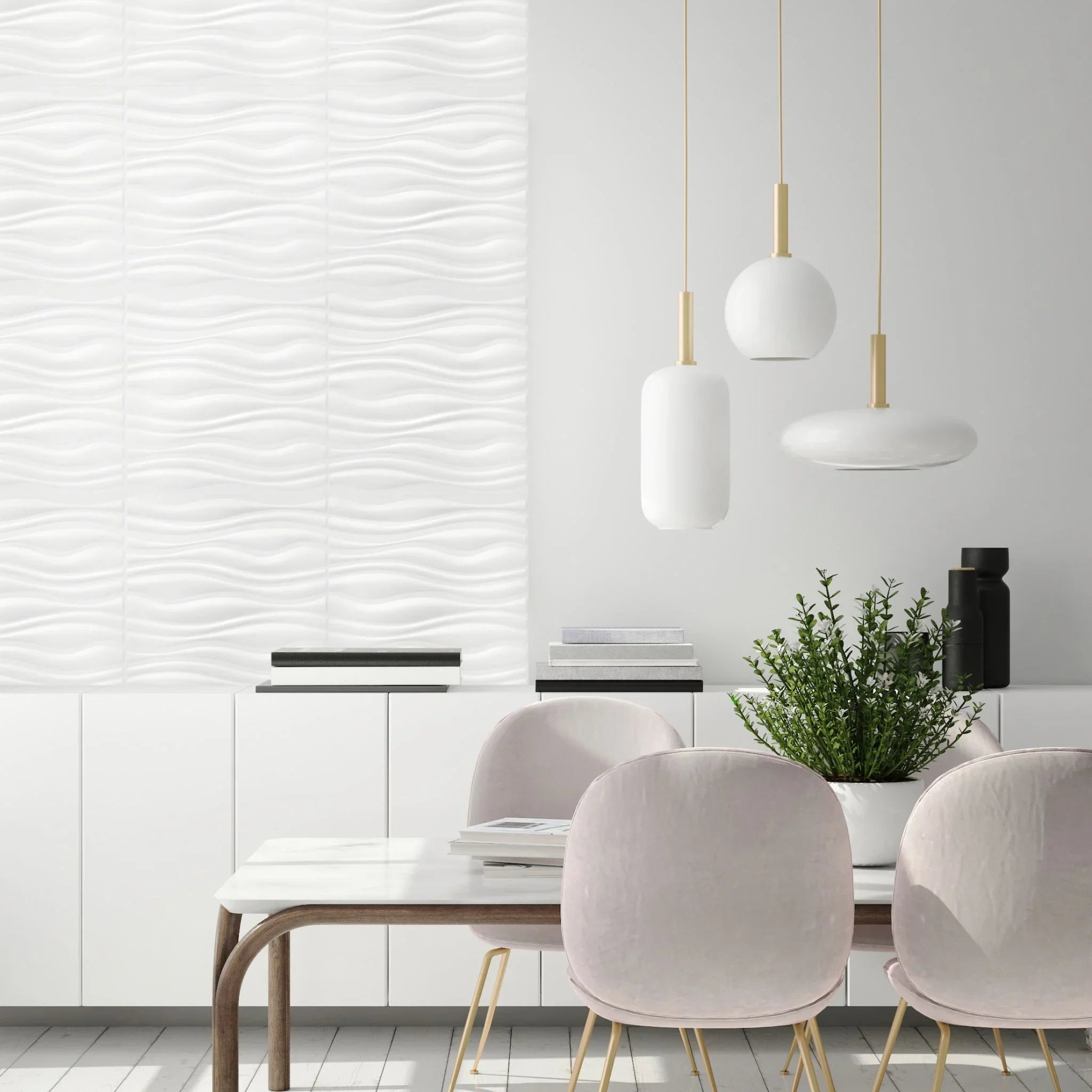 Dining room with white wavy PVC wall panels and modern decor