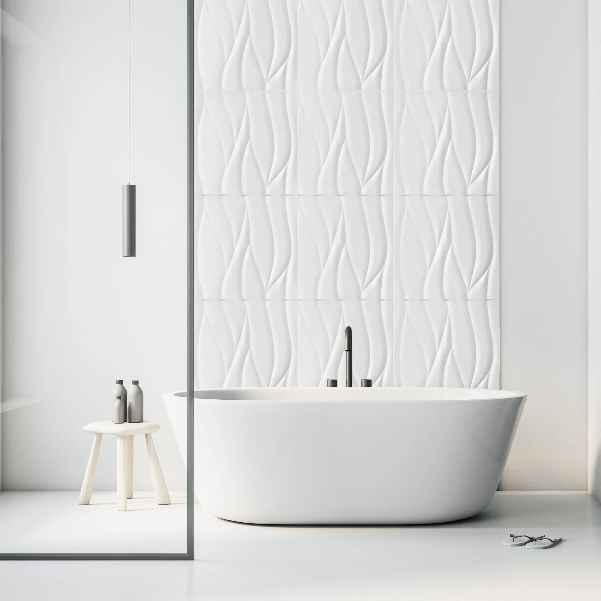 Bathroom with white wavy-patterned PVC wall panels and modern furniture