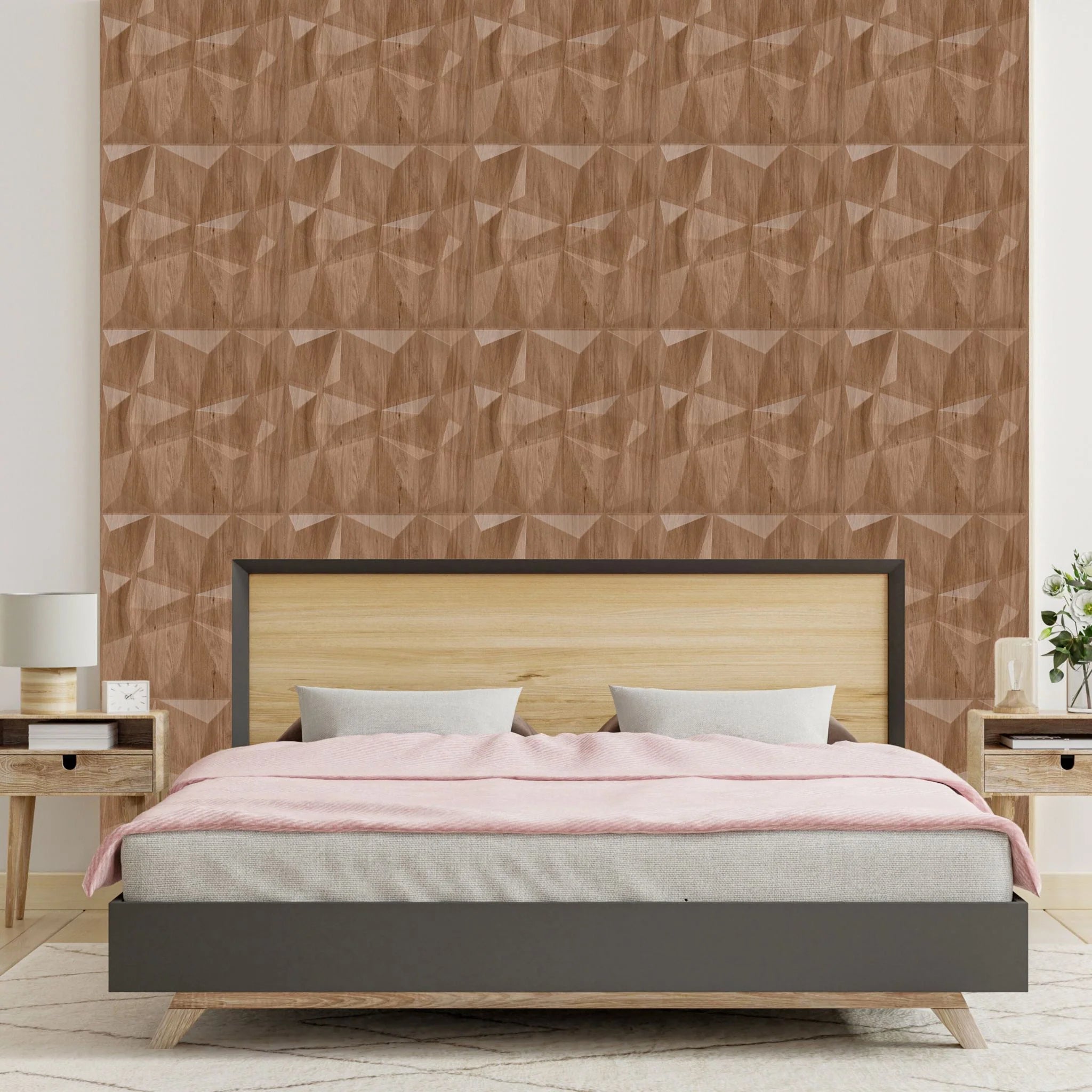Wooden PVC wall panel with geometric design in stylish Bedroom room