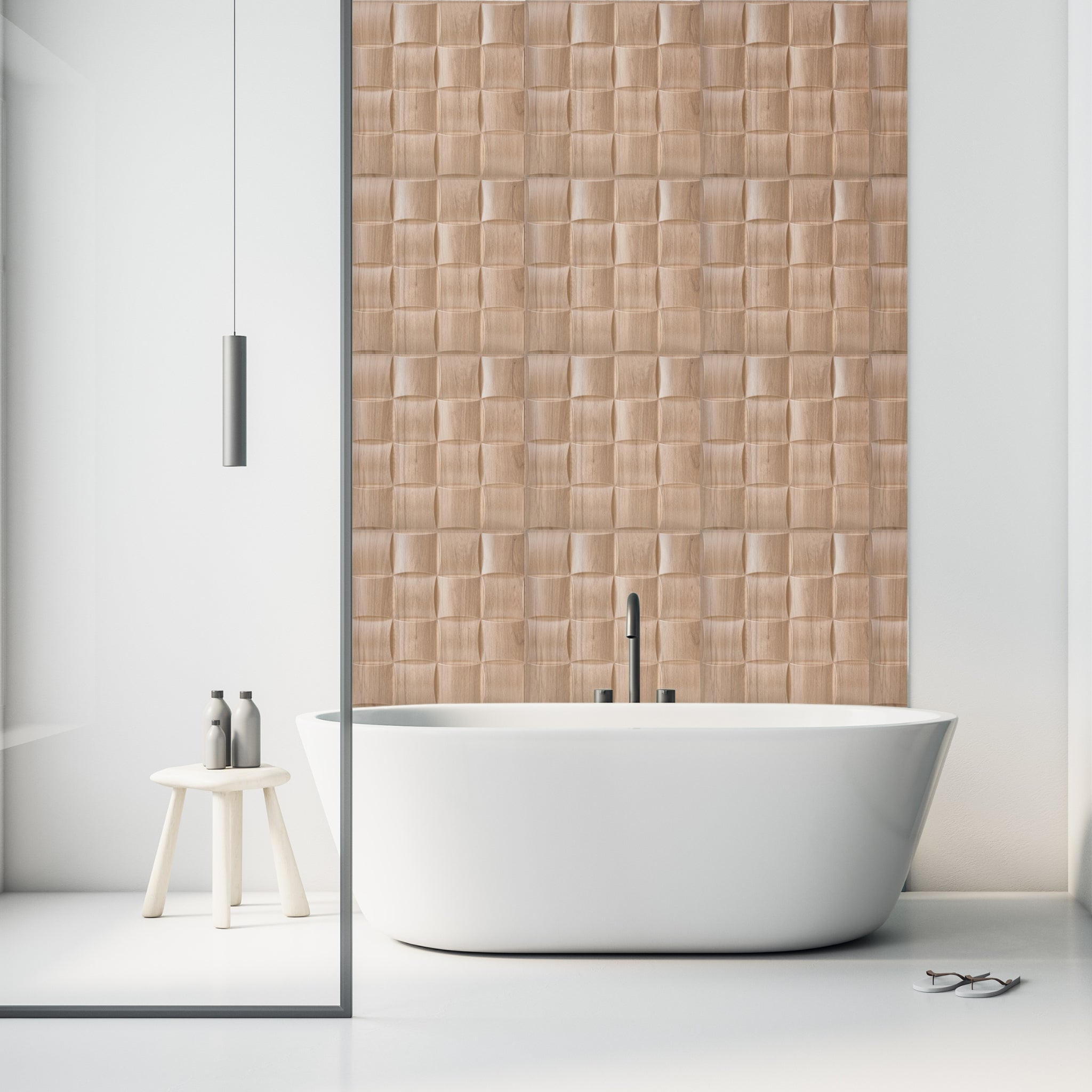 Wooden 50x50 cm PVC wall panel in minimalist bathroom setting