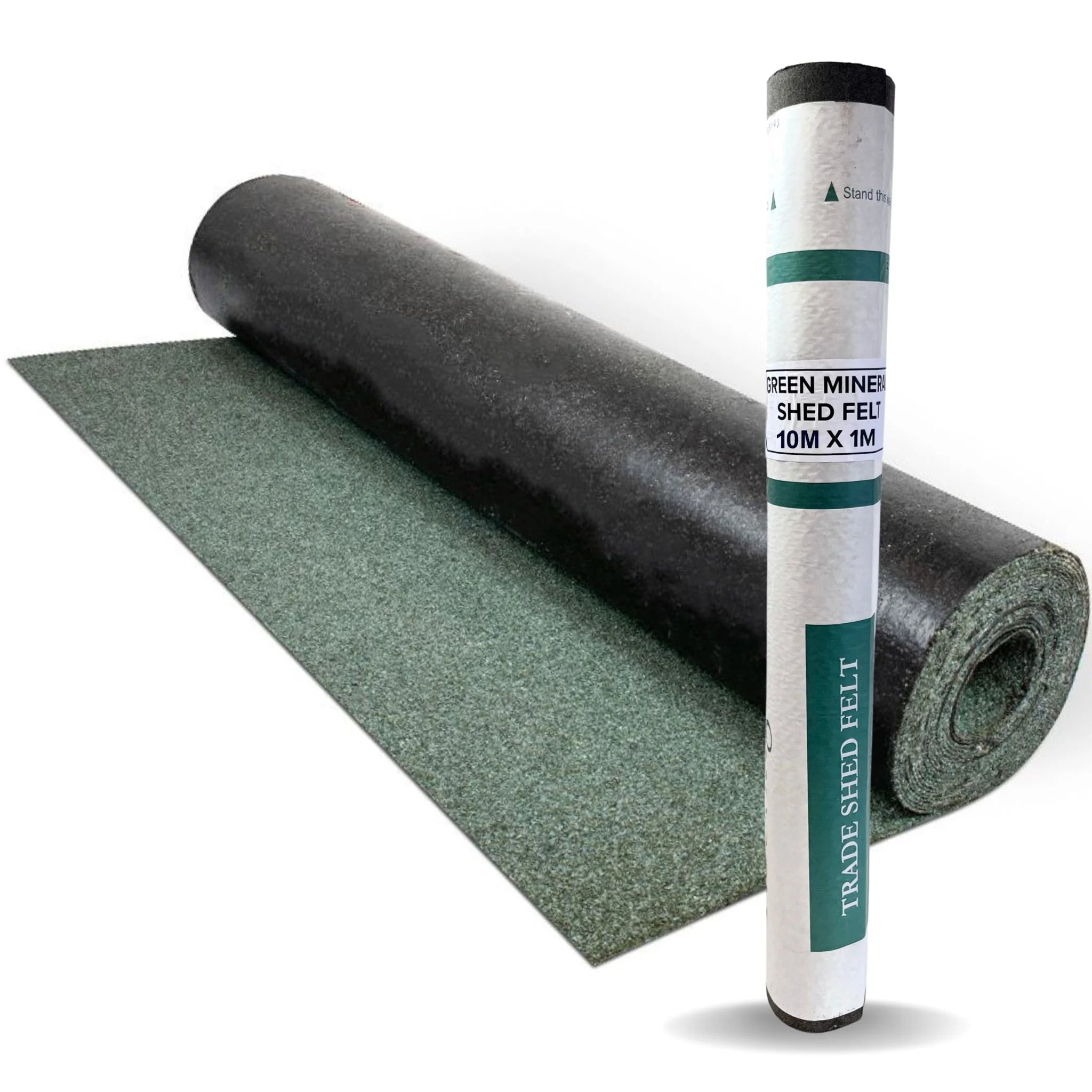 green roofing felt roll partially unrolled on white background
