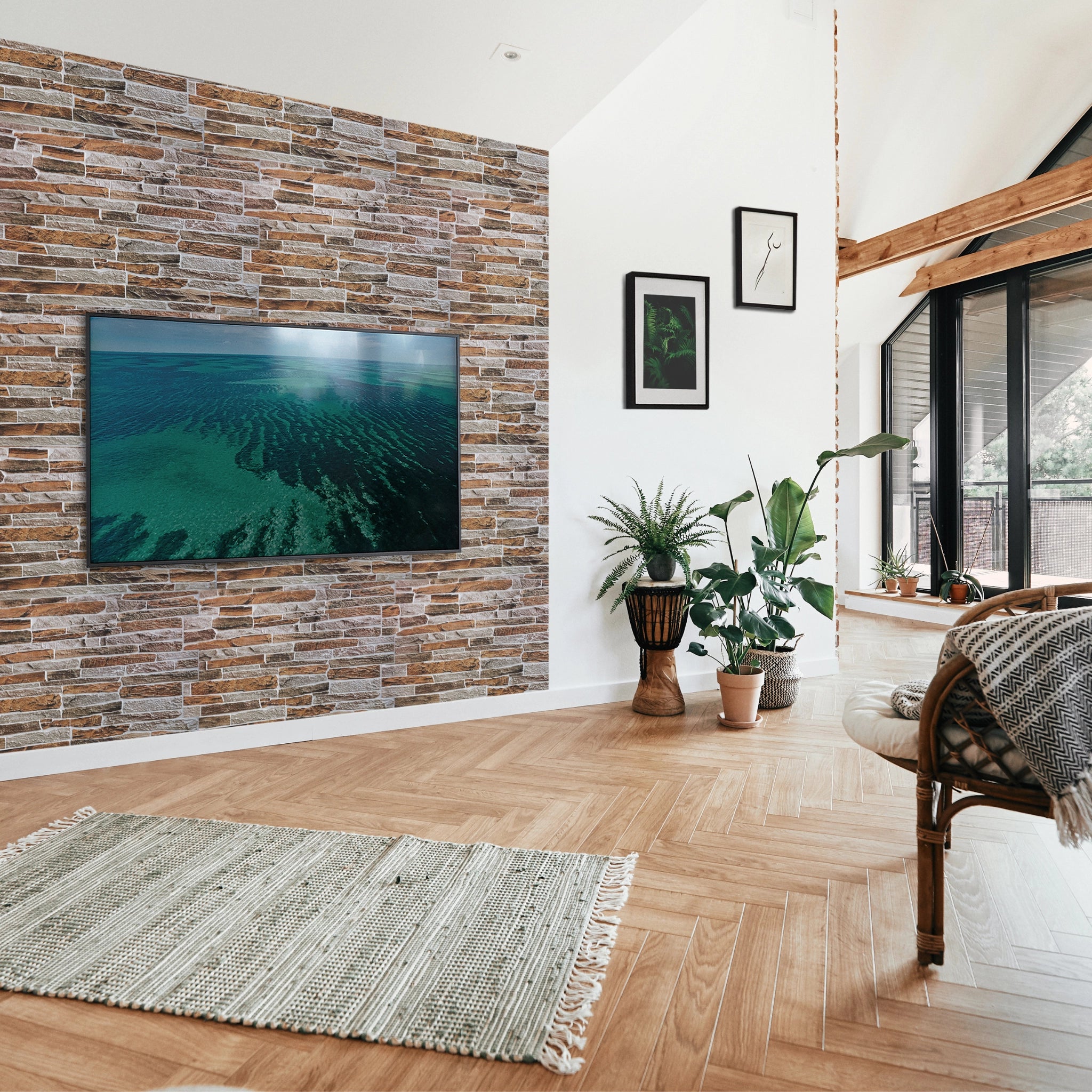 Modern living room with natural sandstone wall panel featuring geometric patterns