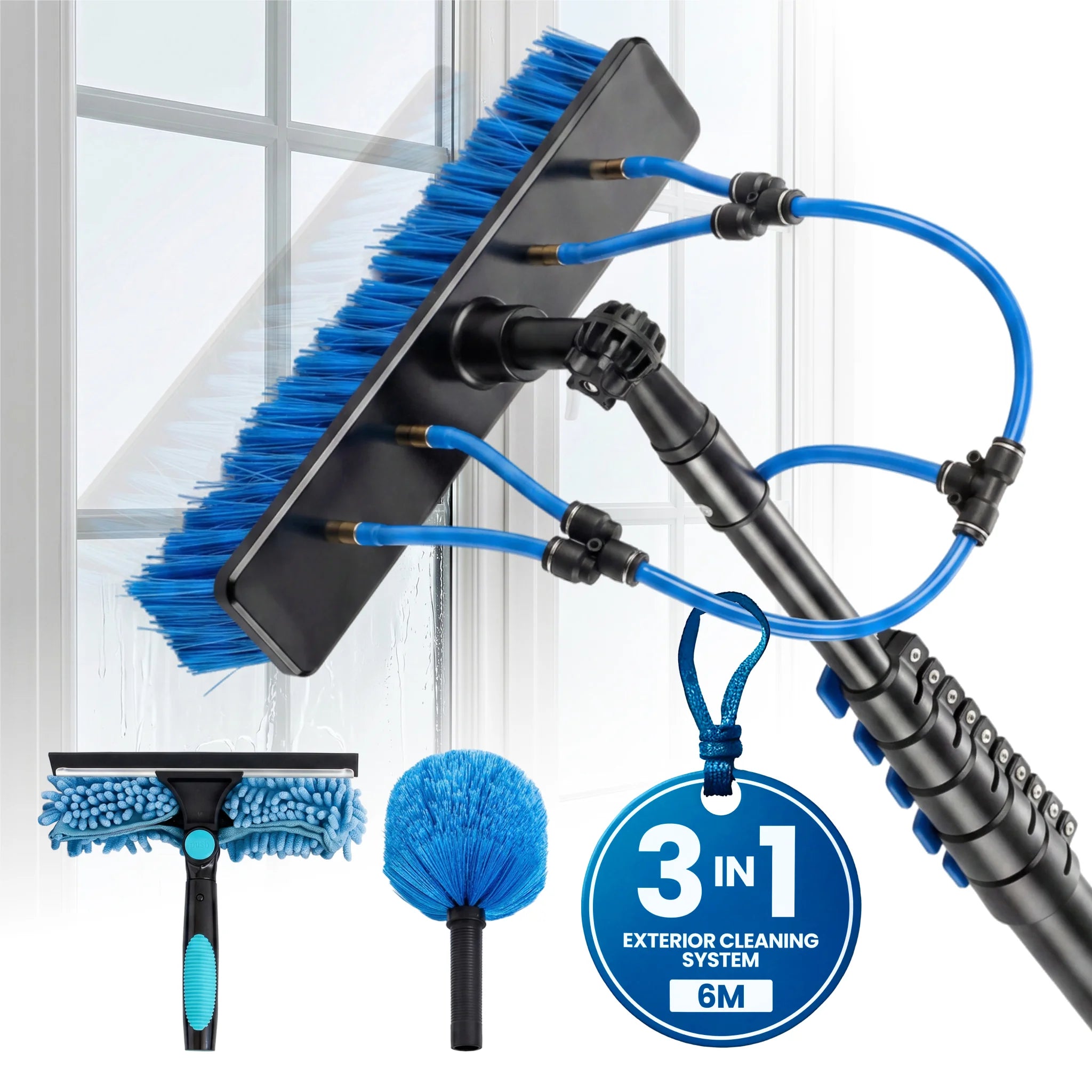 Telescopic window cleaner kit with brush and hose