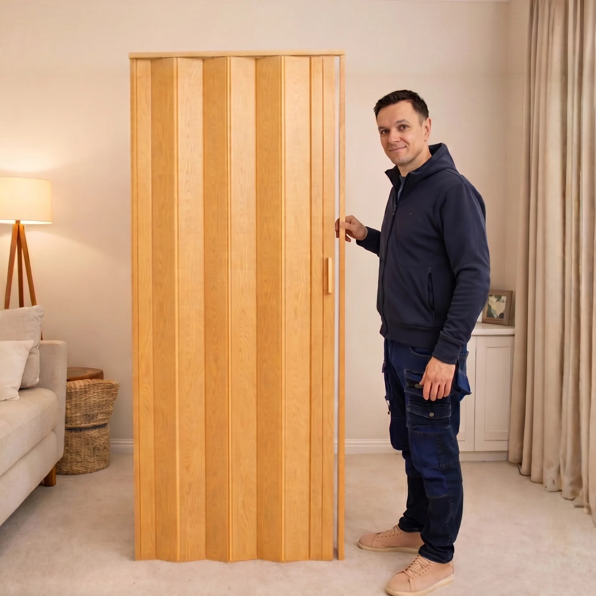 Man standing beside PVC folding door