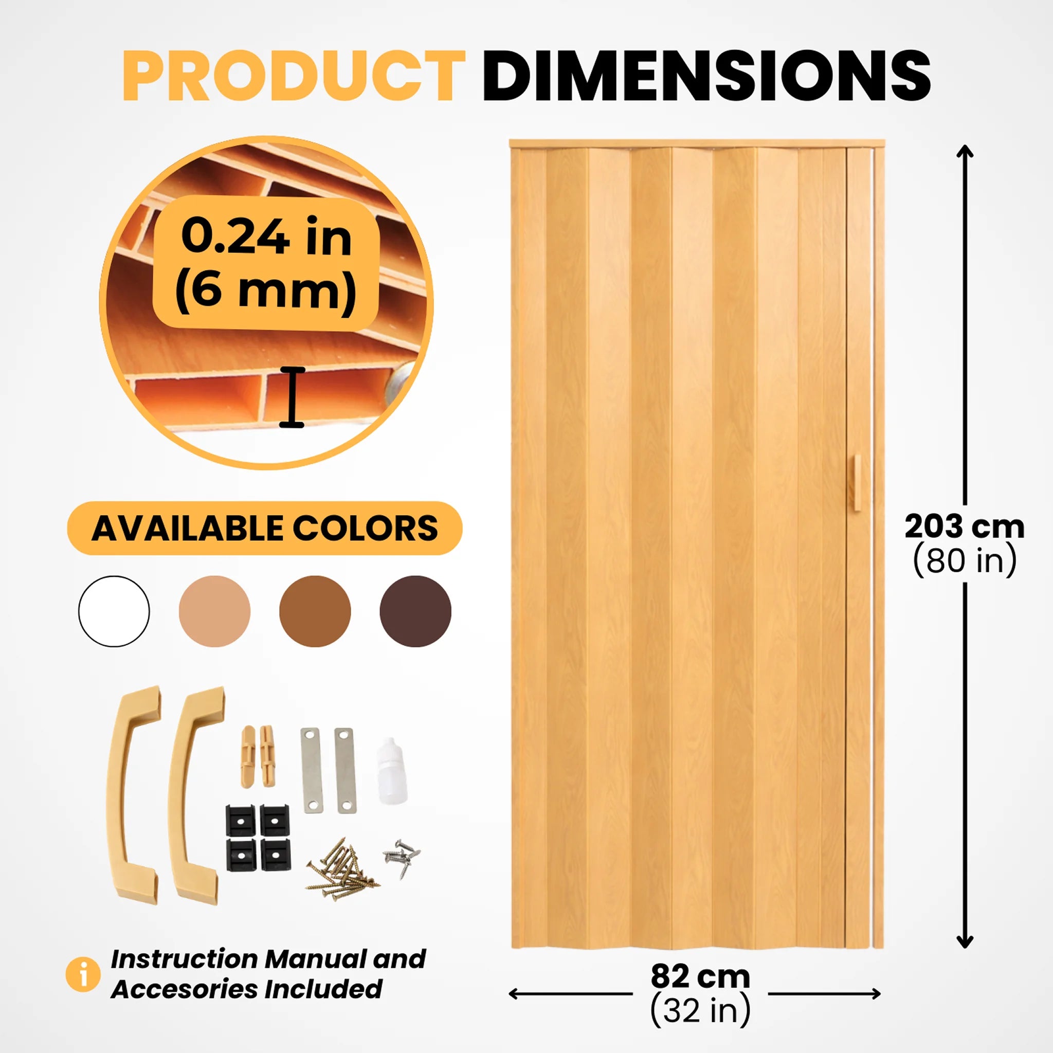 PVC folding door dimensions and accessories