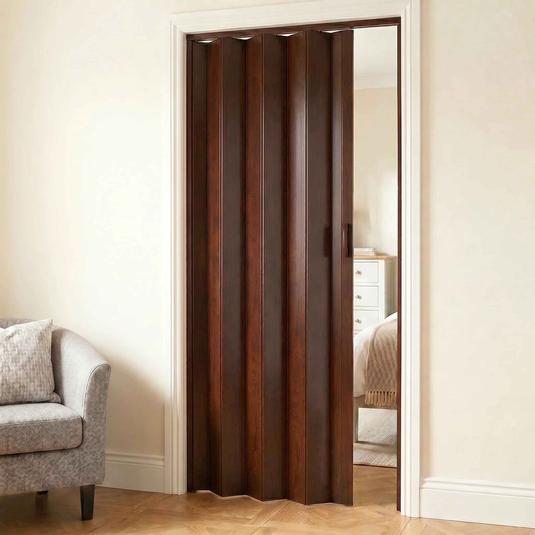 Folding door installed in bedroom doorway