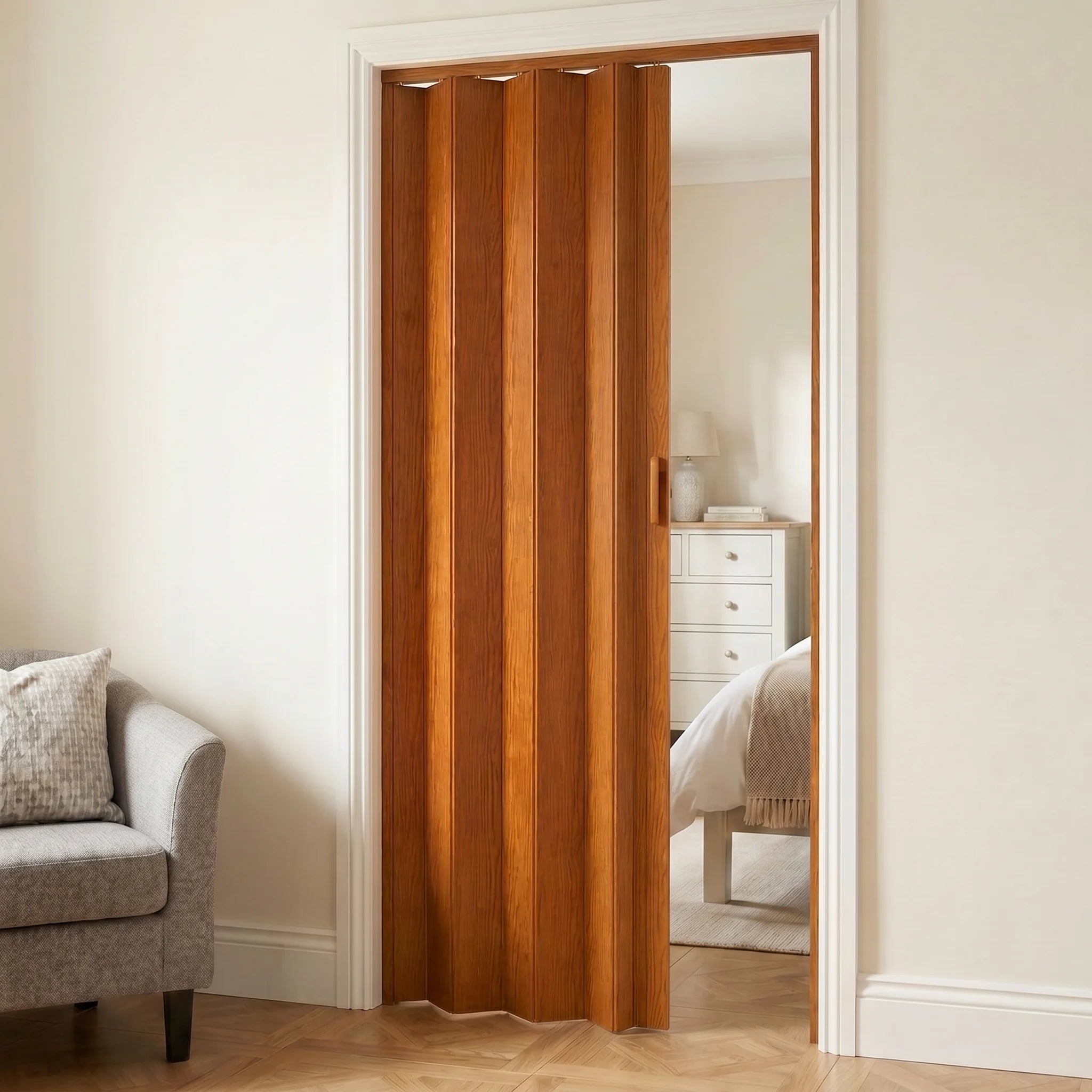 Folding door installed in bedroom doorway