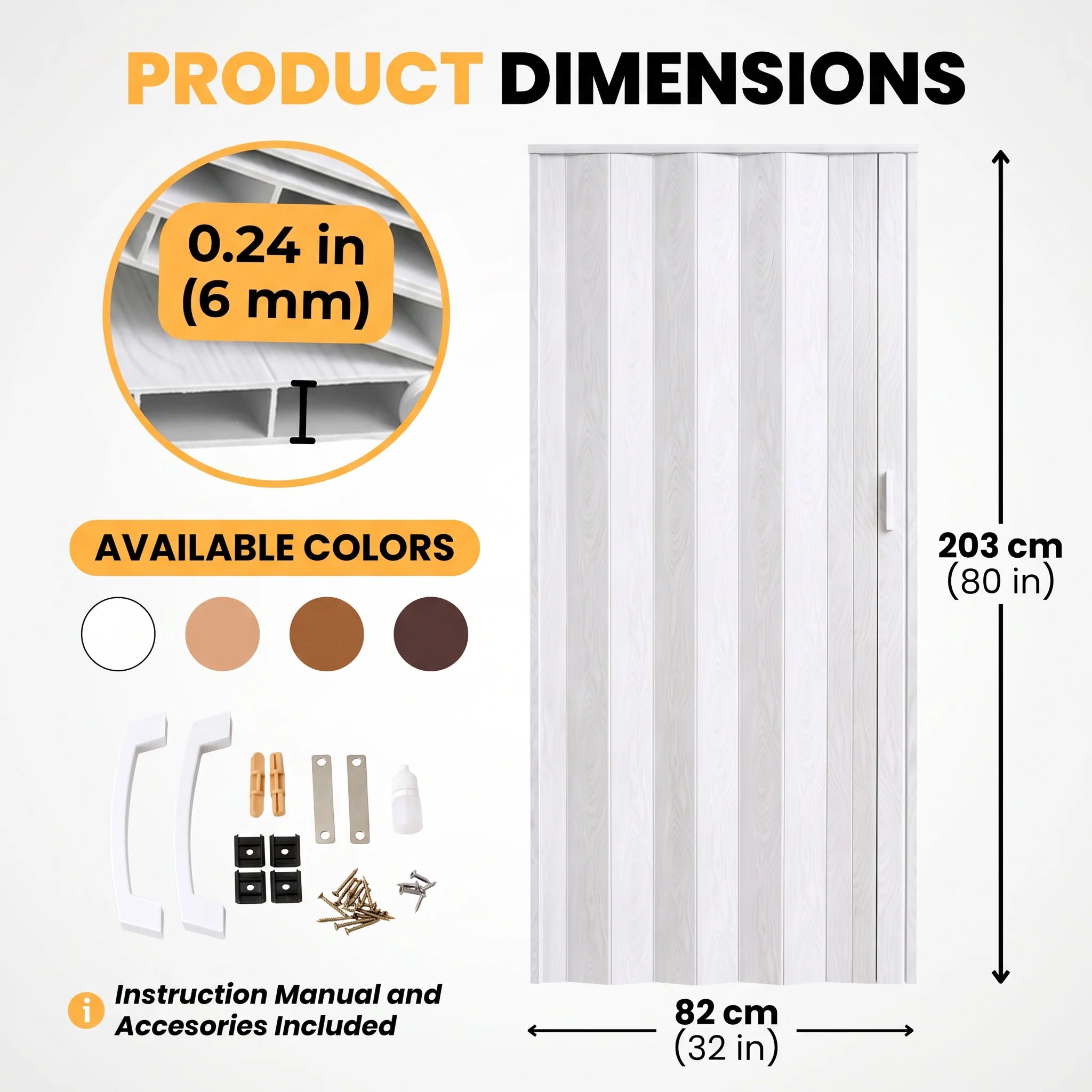 PVC folding door dimensions and accessories