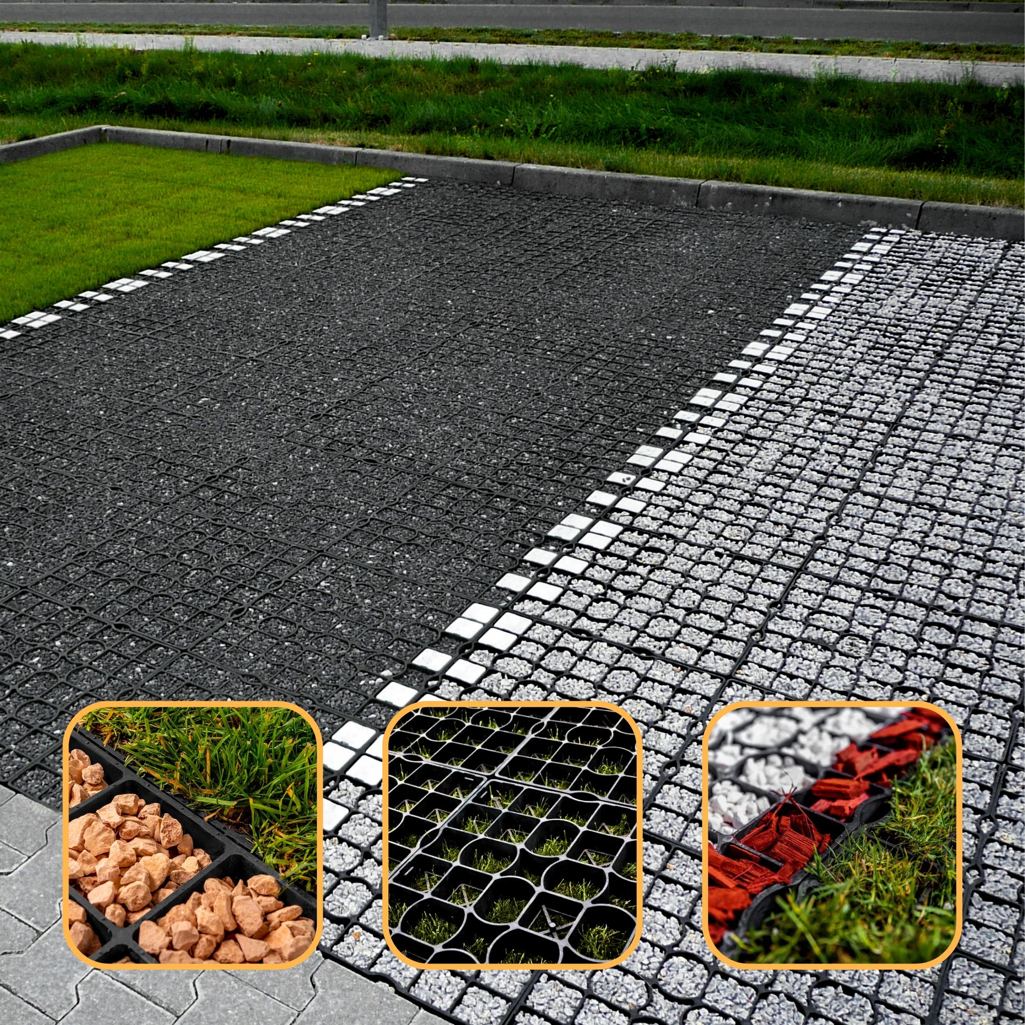 Garden gravel grid installation with gravel fill