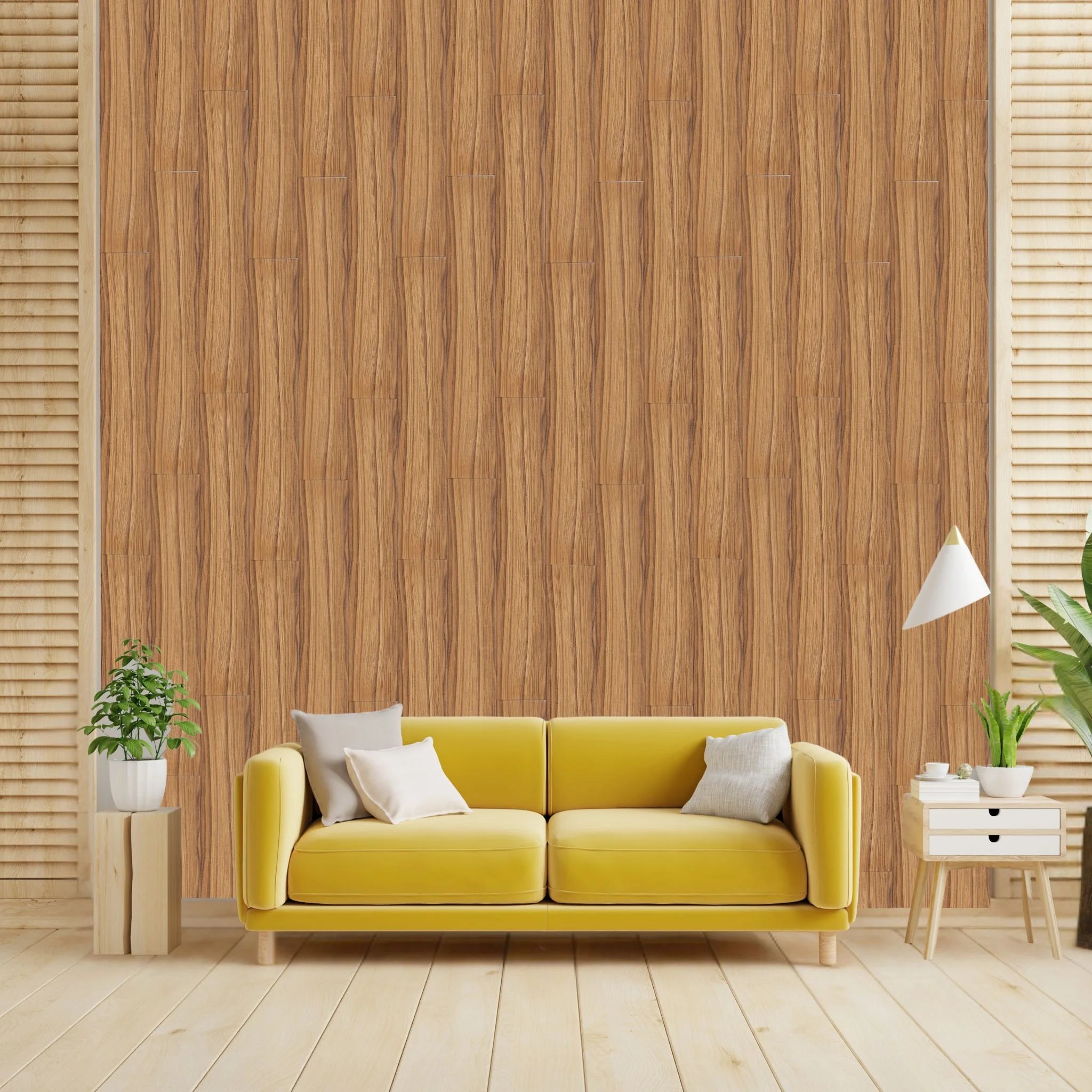 Decorative wall panels behind sofa in living room