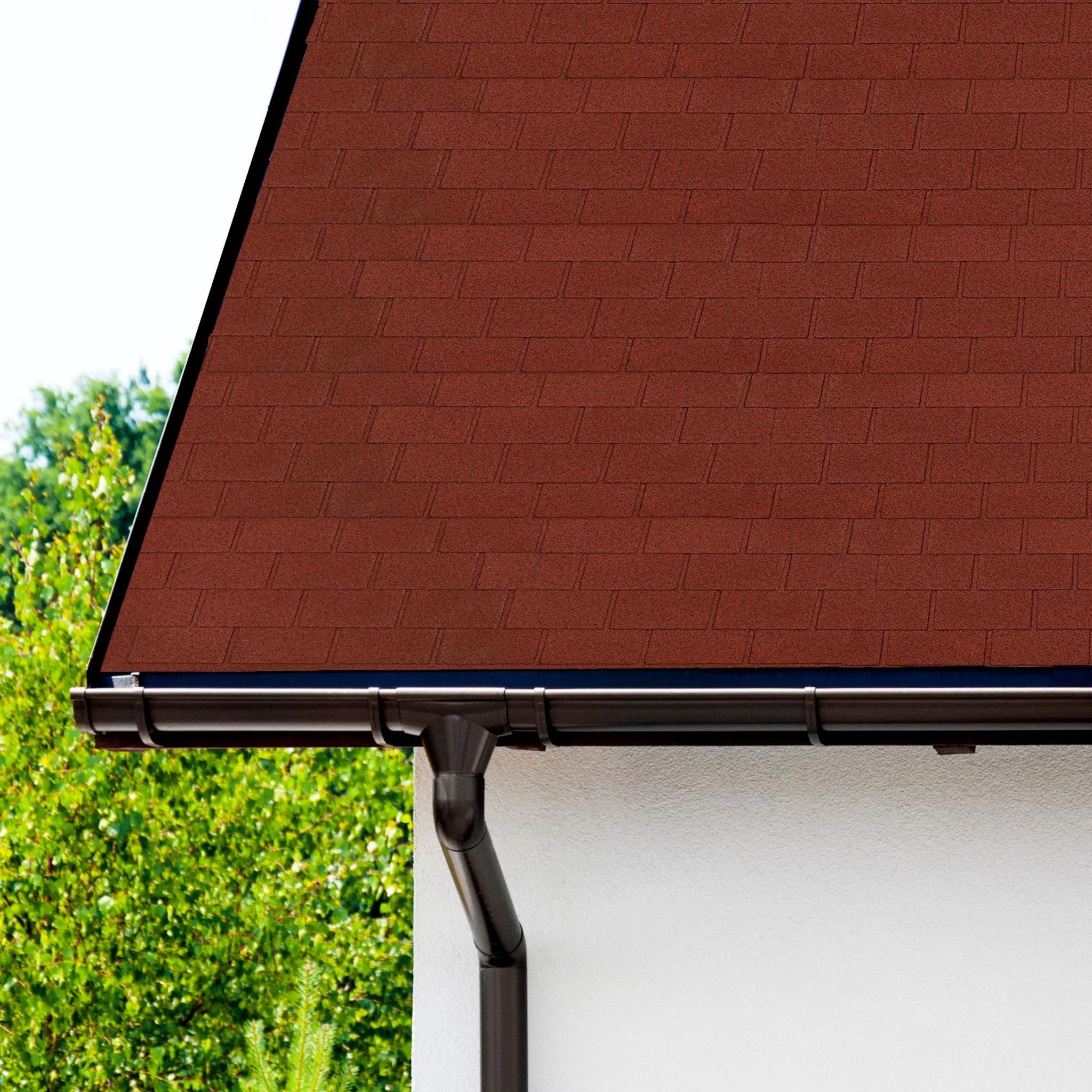 house with shingle roof with gutter and white wall