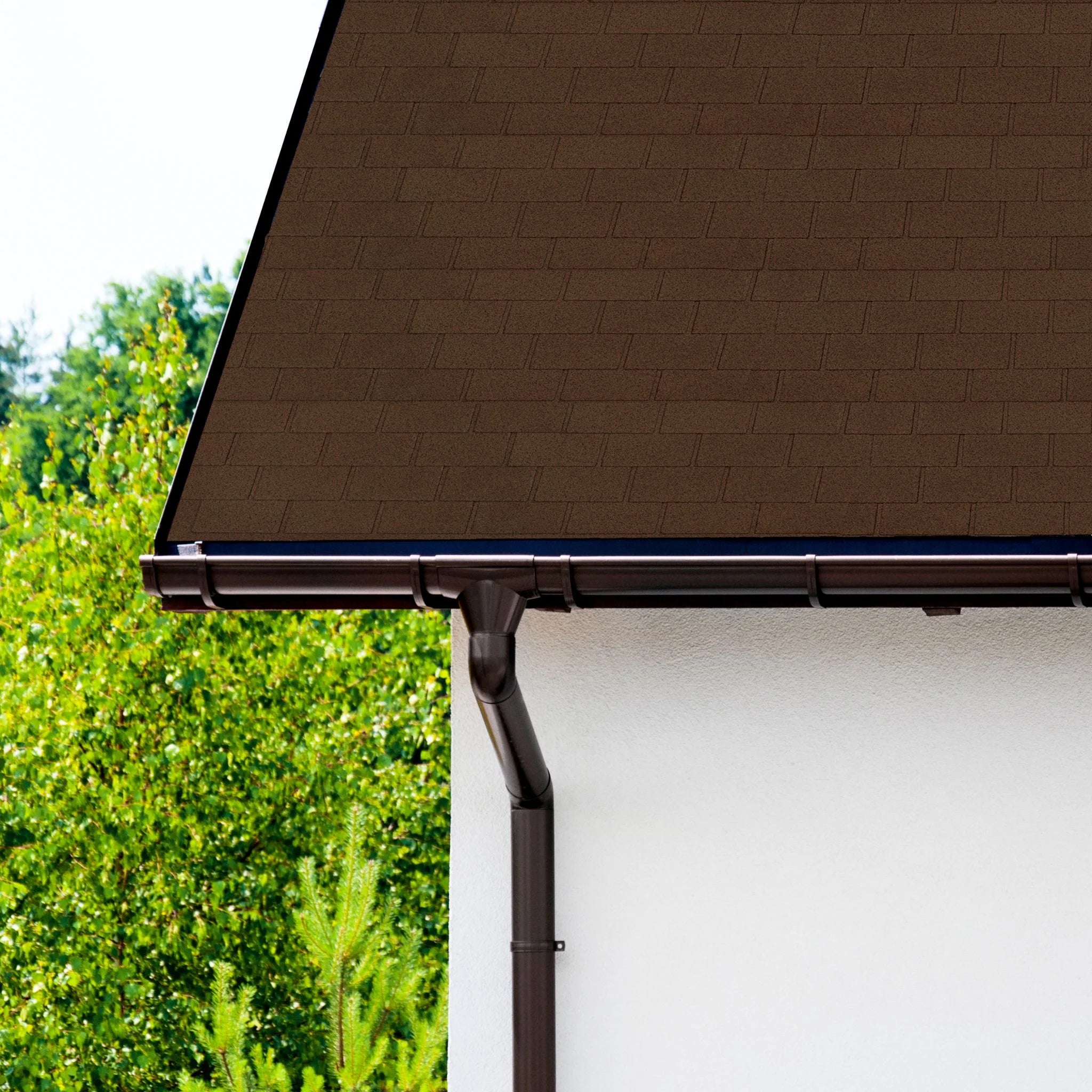 house with shingle roof with gutter and white wall