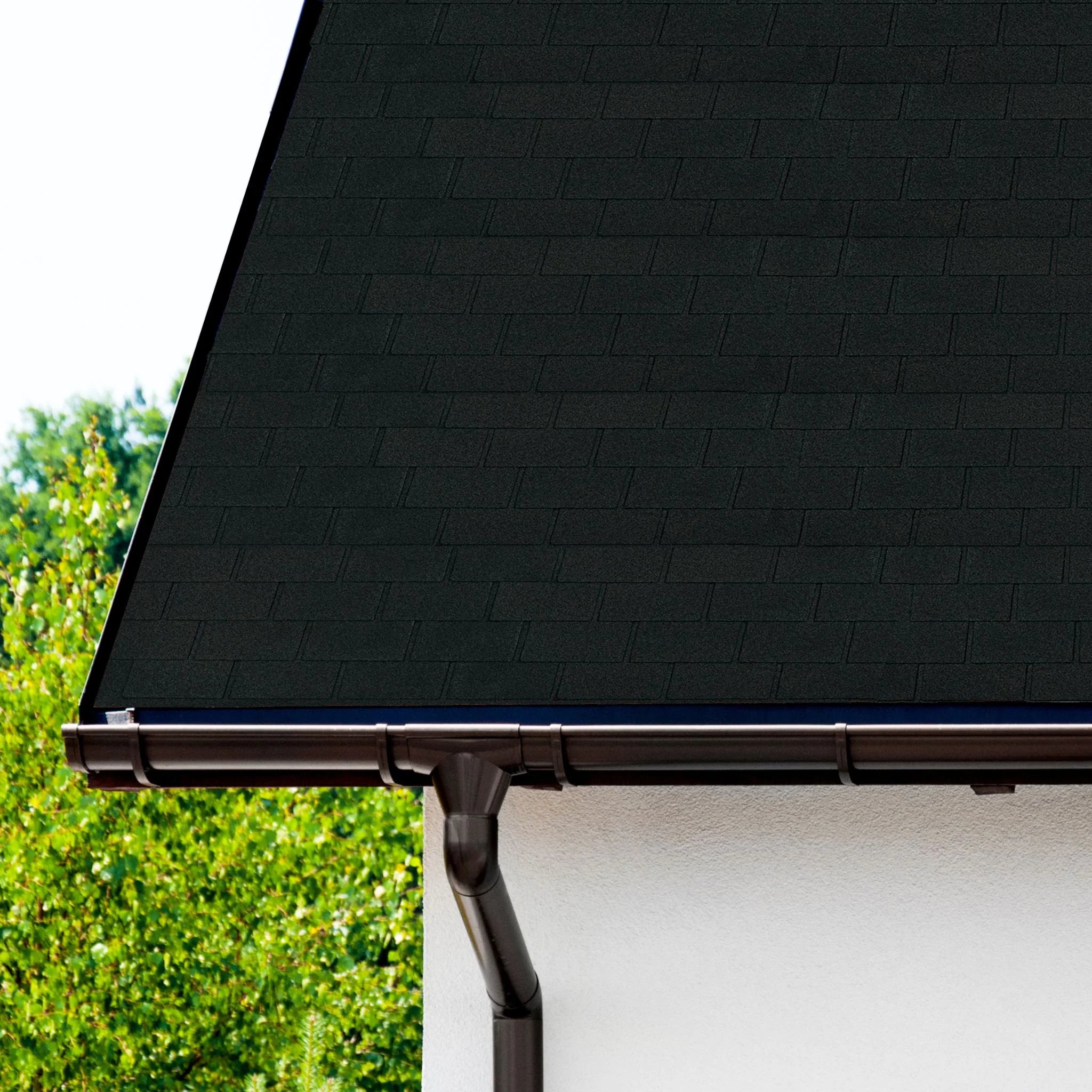 house with shingle roof with gutter and white wall