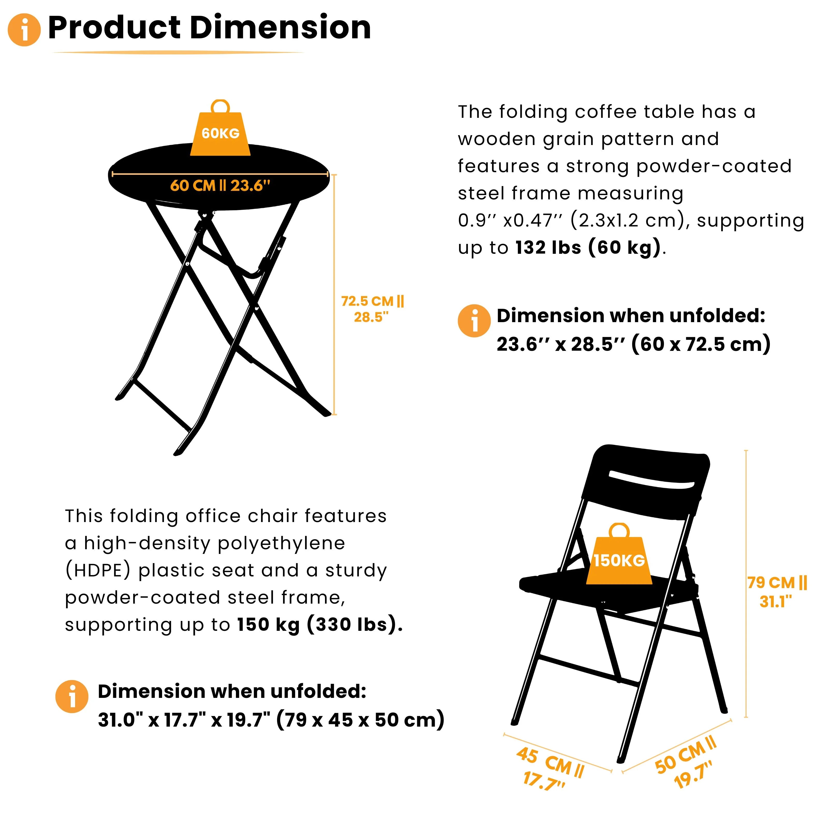 product dimensions of black round folding table and chair displayed