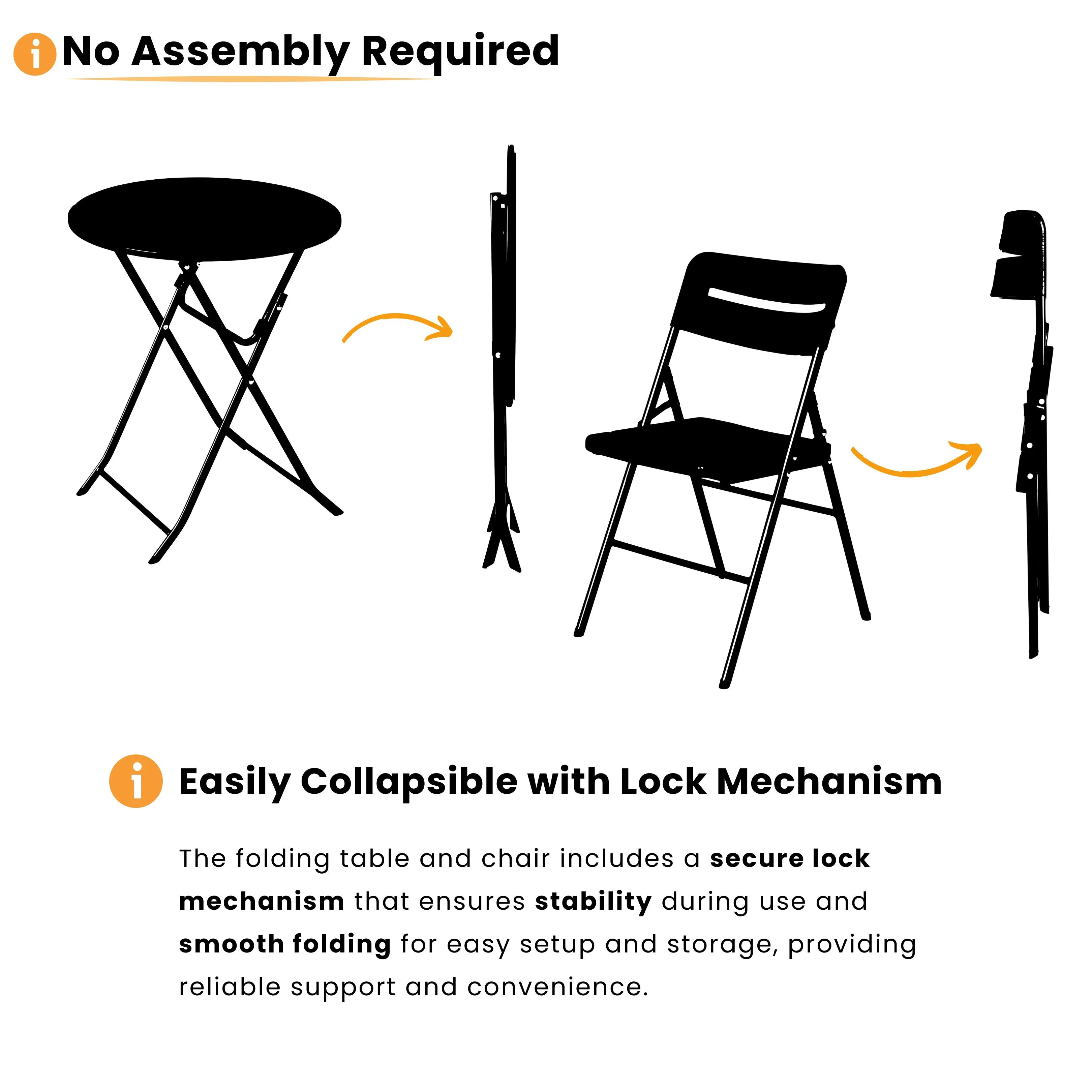 no assembly required black round folding table and chair