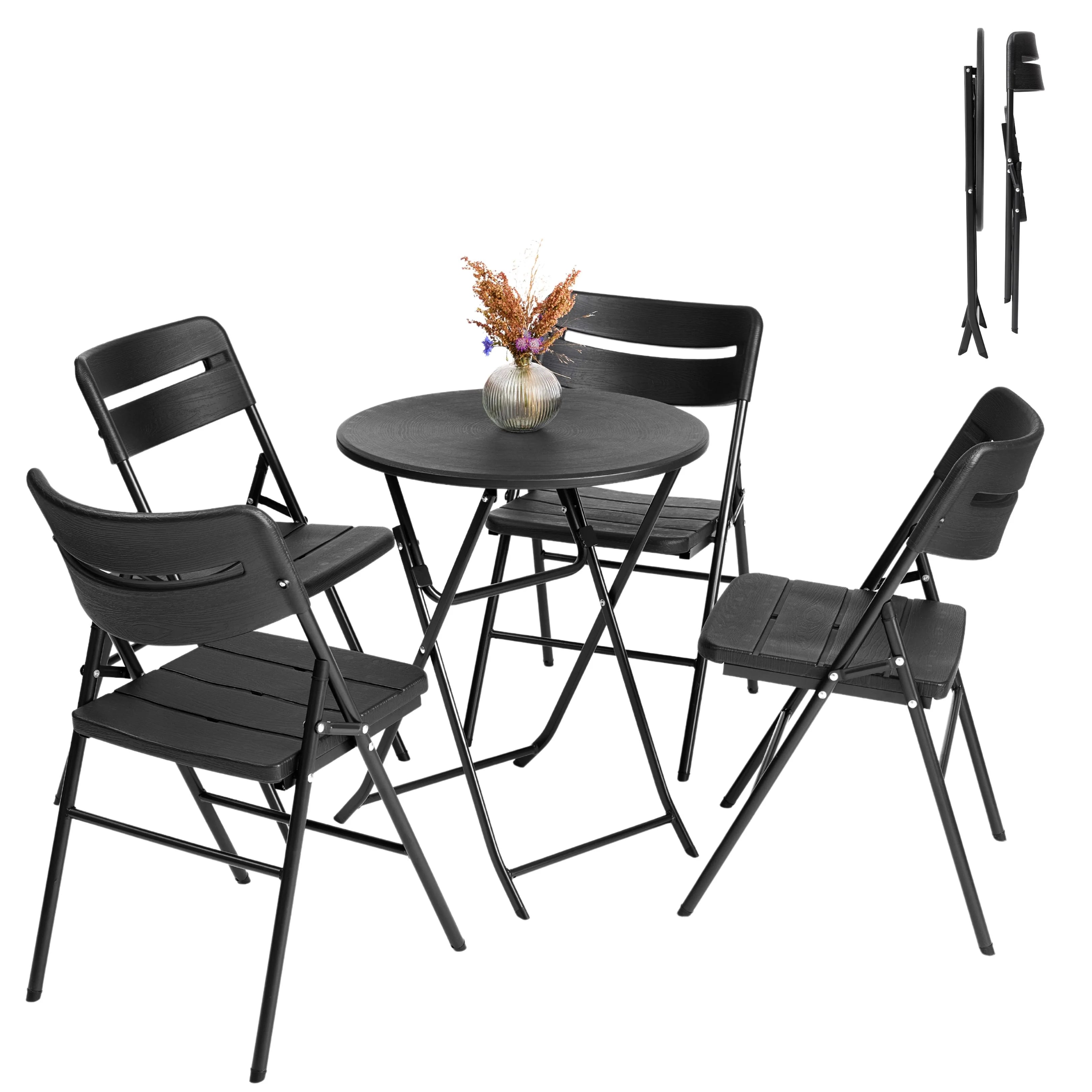 black round folding table and chair shown open and folded