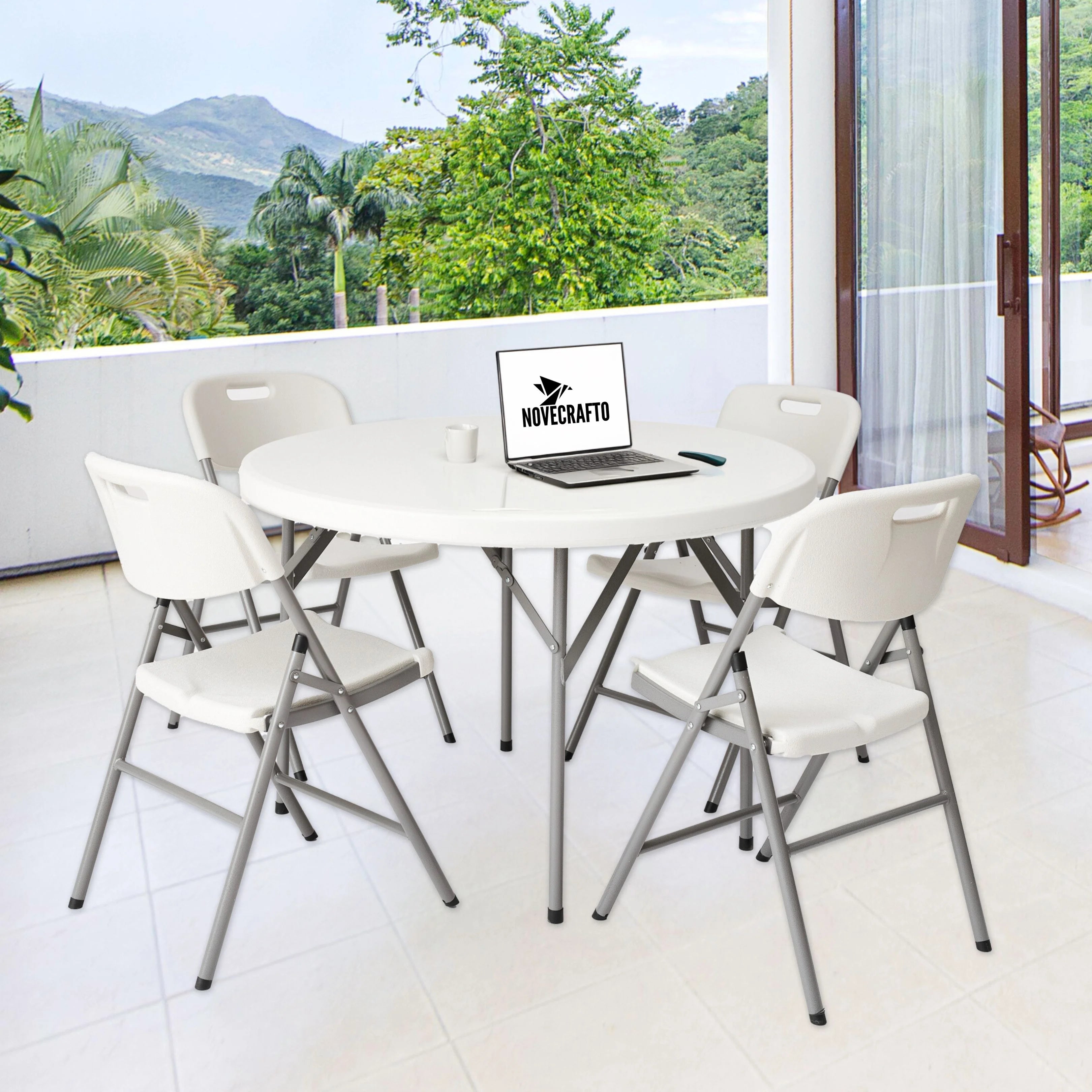 white round folding table and chair in use at a veranda