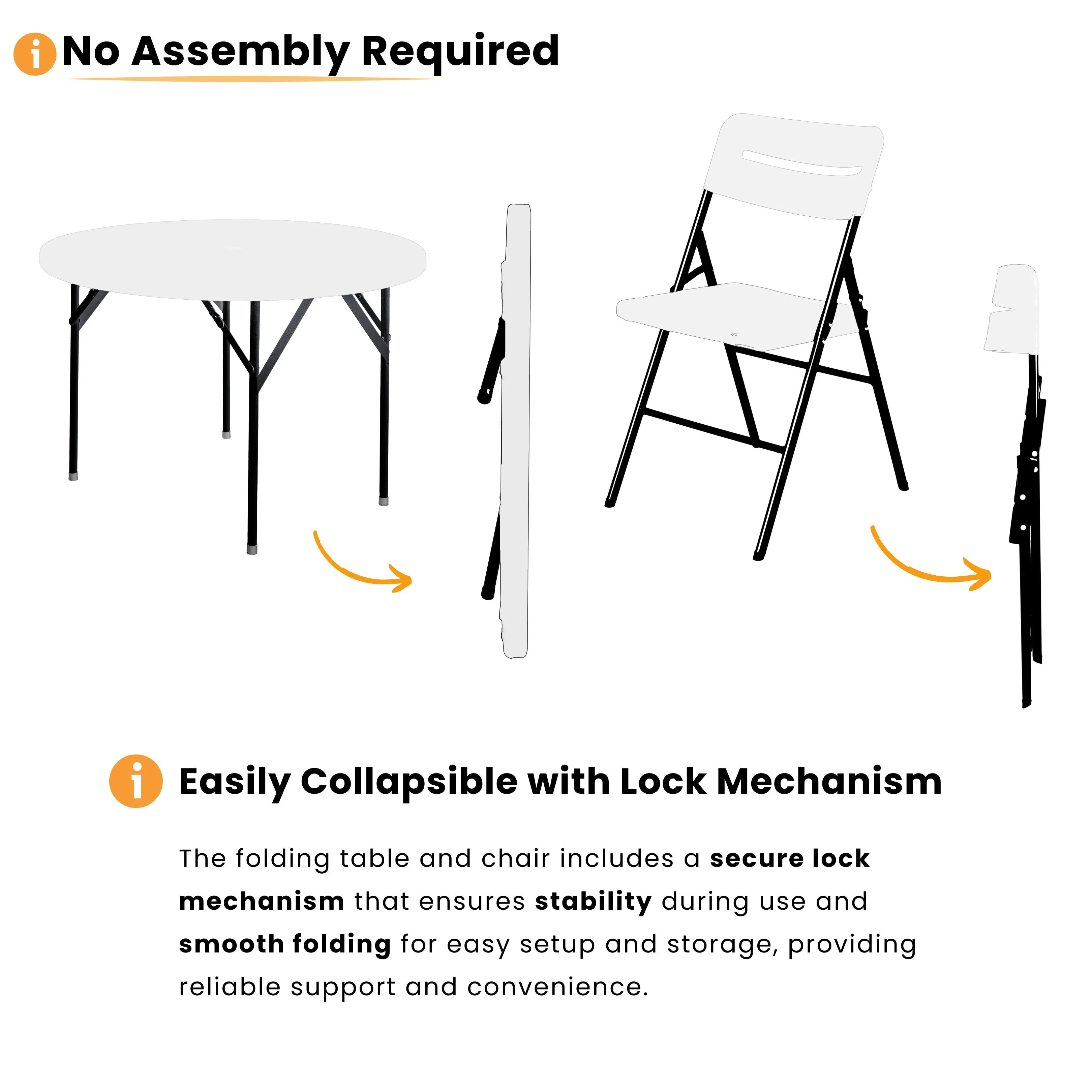 no assembly required white round folding table and chair