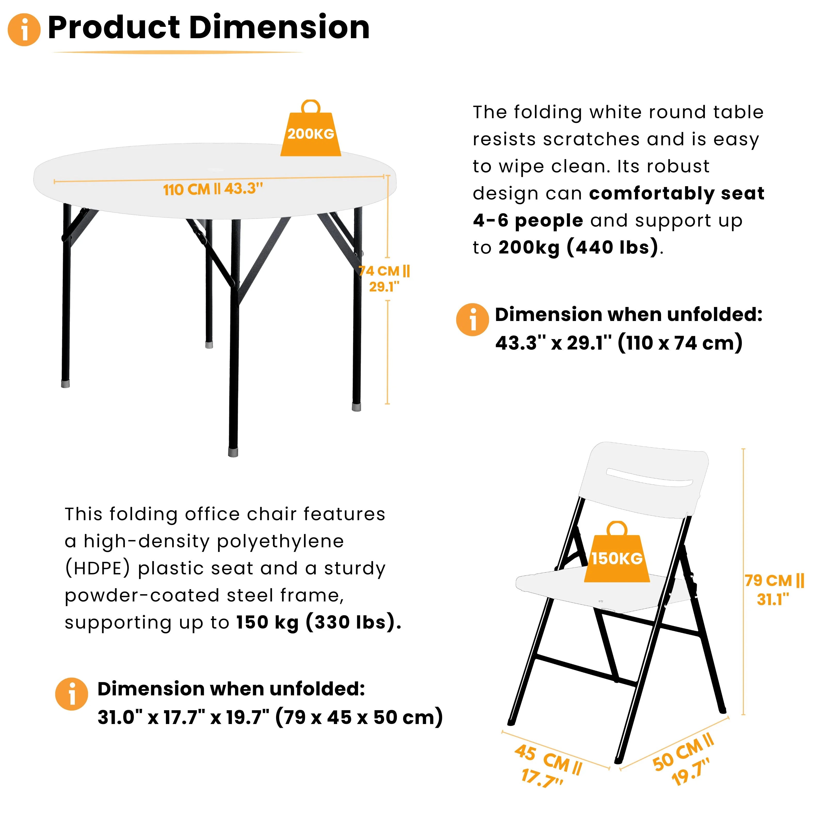 product dimensions of white round folding table and chair displayed