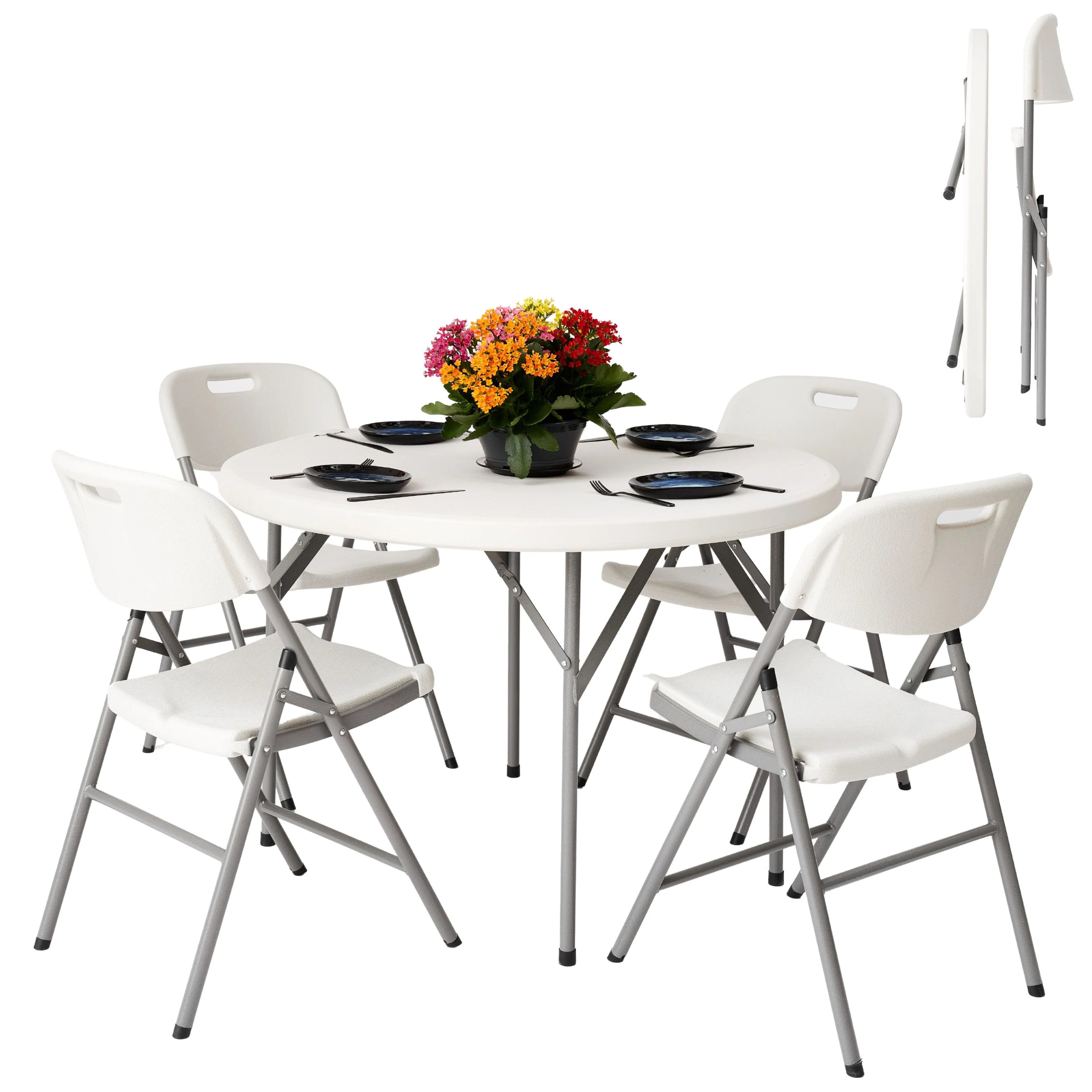 white round folding table and chair shown open and folded