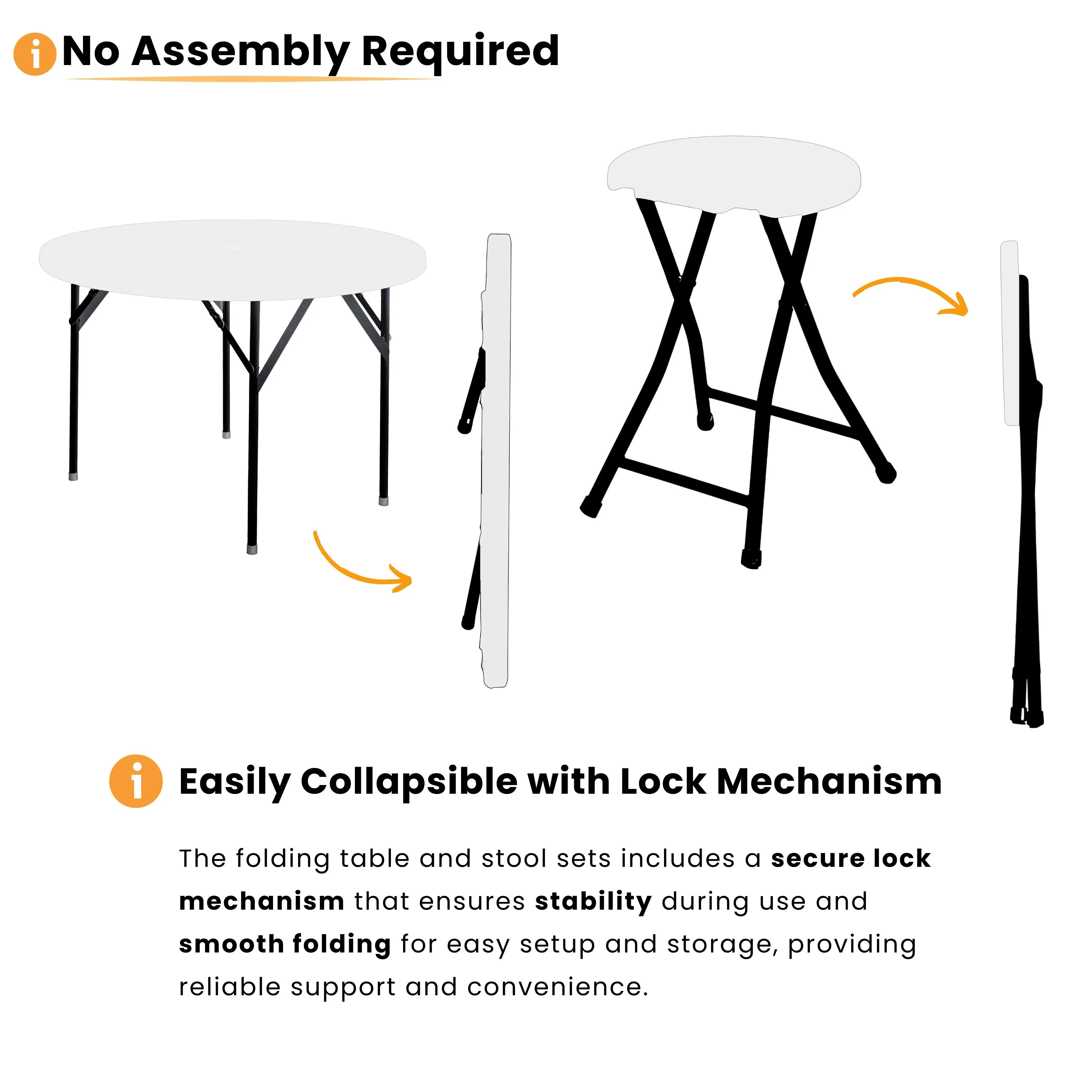 no assembly required white round folding table and stool