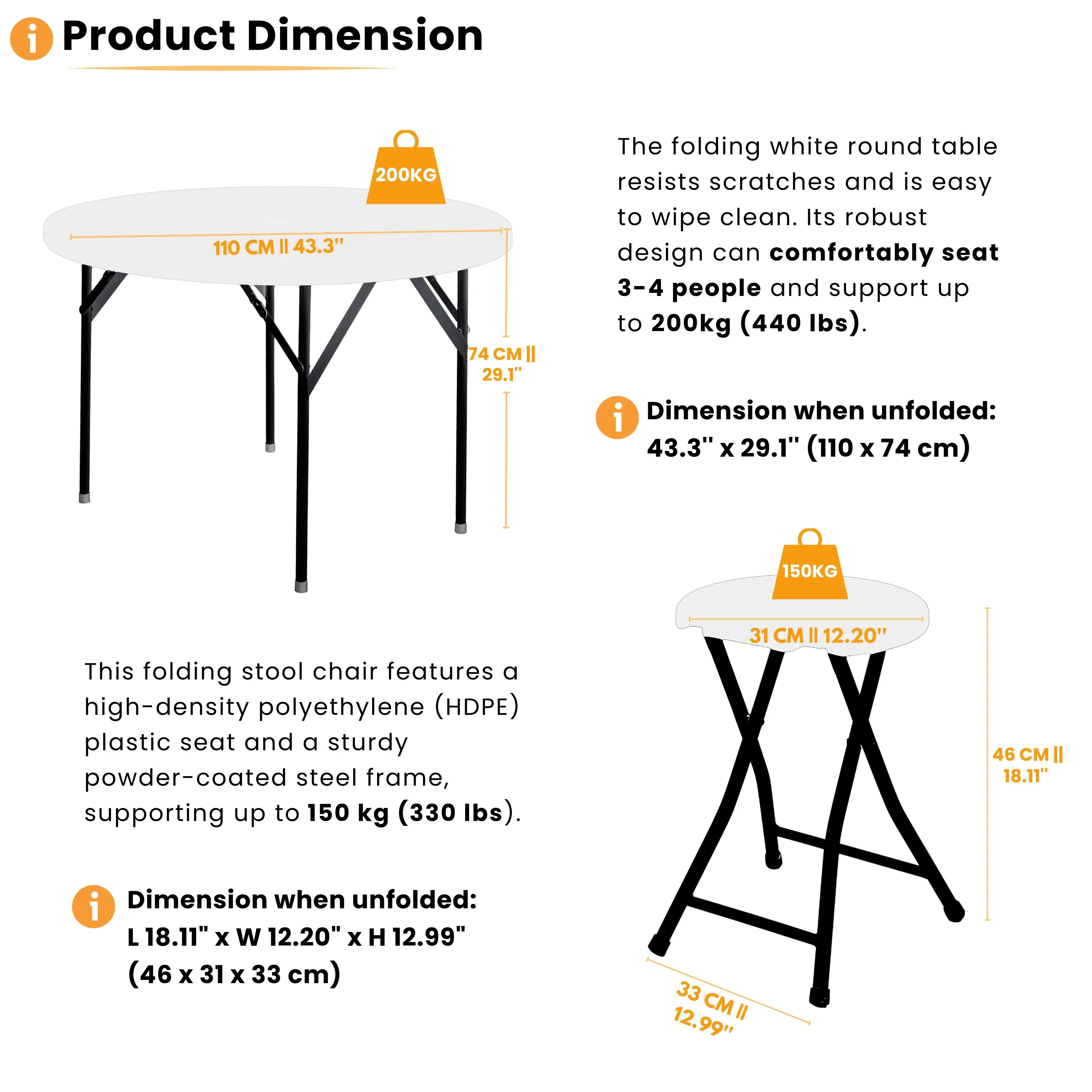 product dimensions of white round folding table and stool displayed