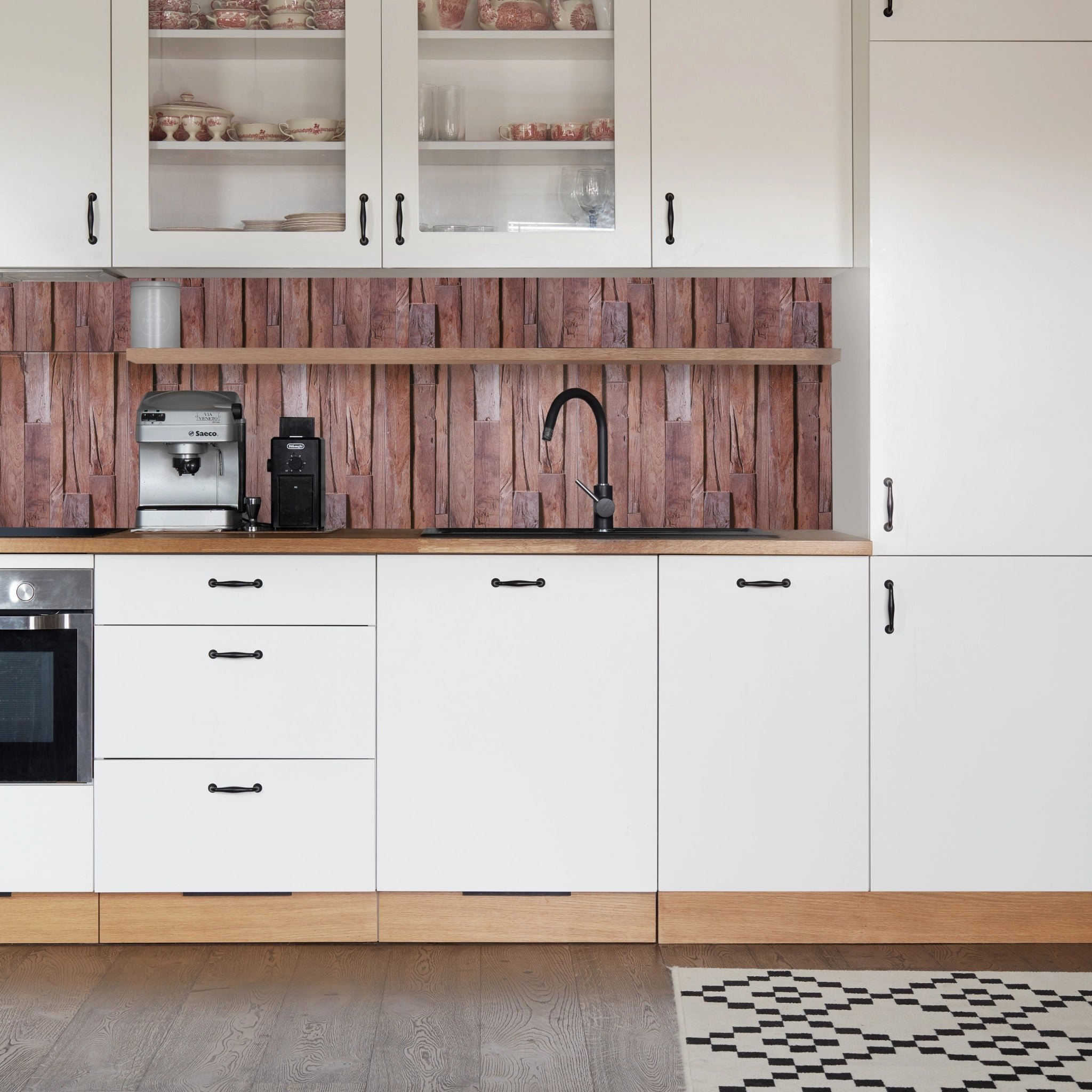 Kitchen with brown geometric-patterned wall panels and modern decor