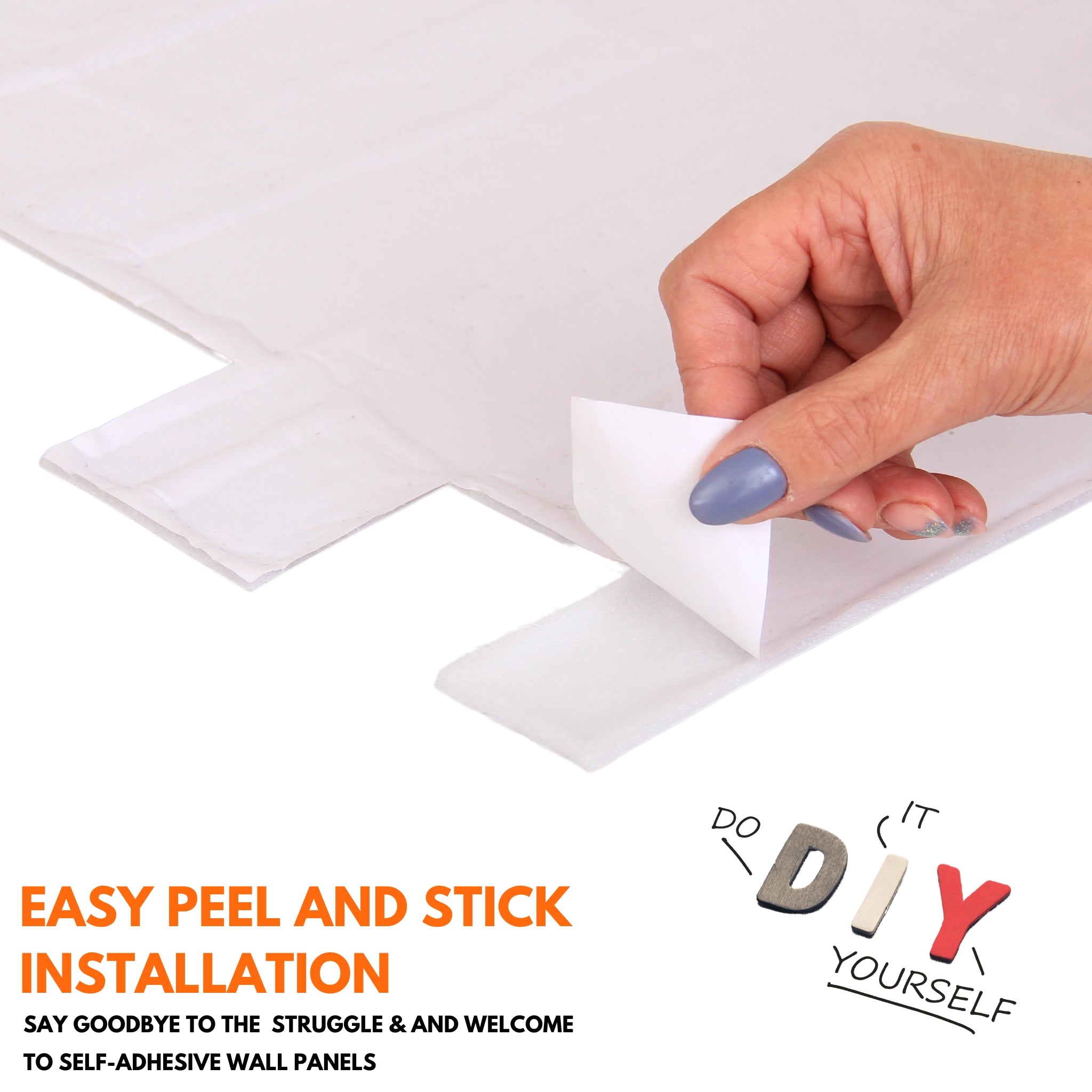 Instant Nails adhesive and wall panel installation guide on red brick background