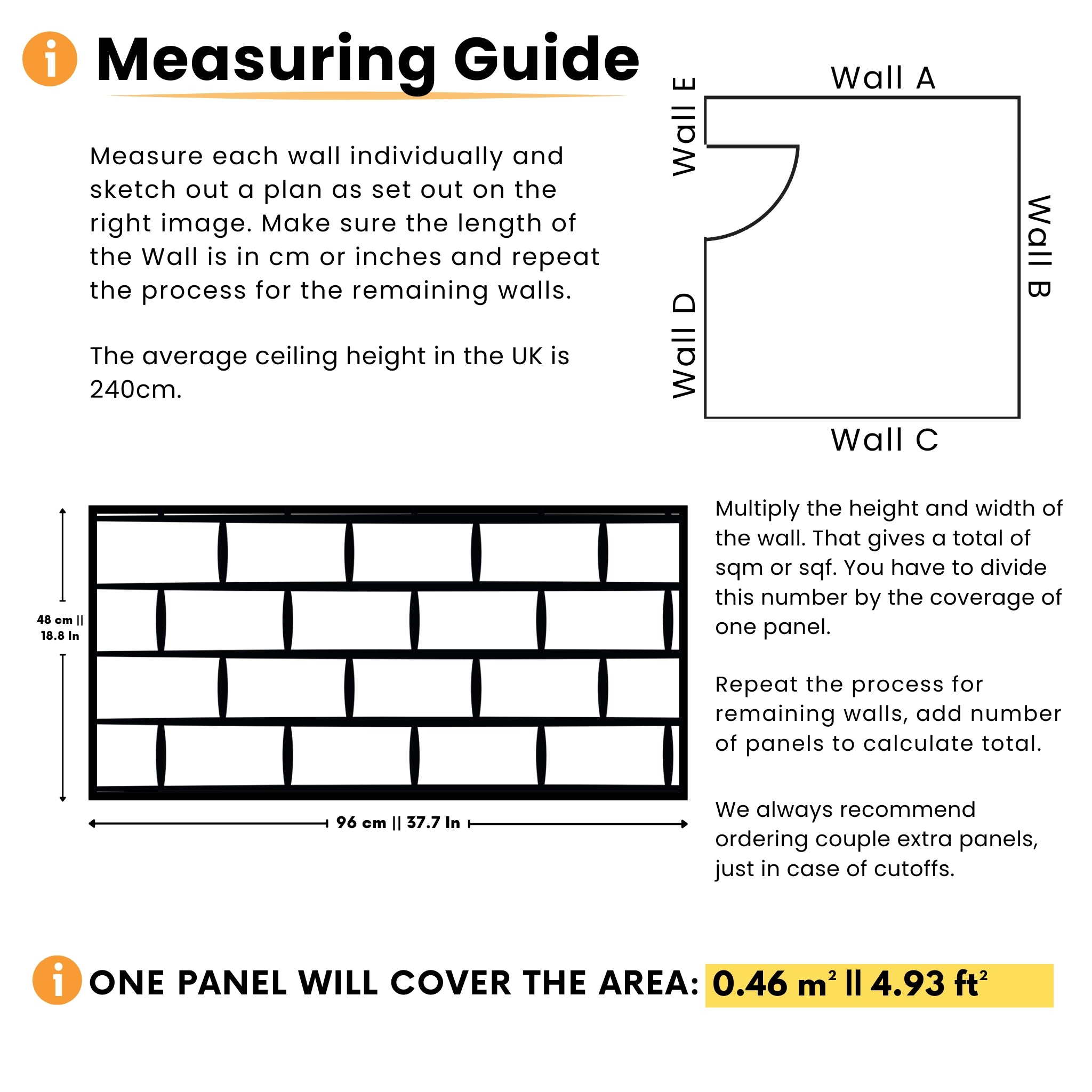 Measuring guide for PVC wall panels, dimensions and coverage area