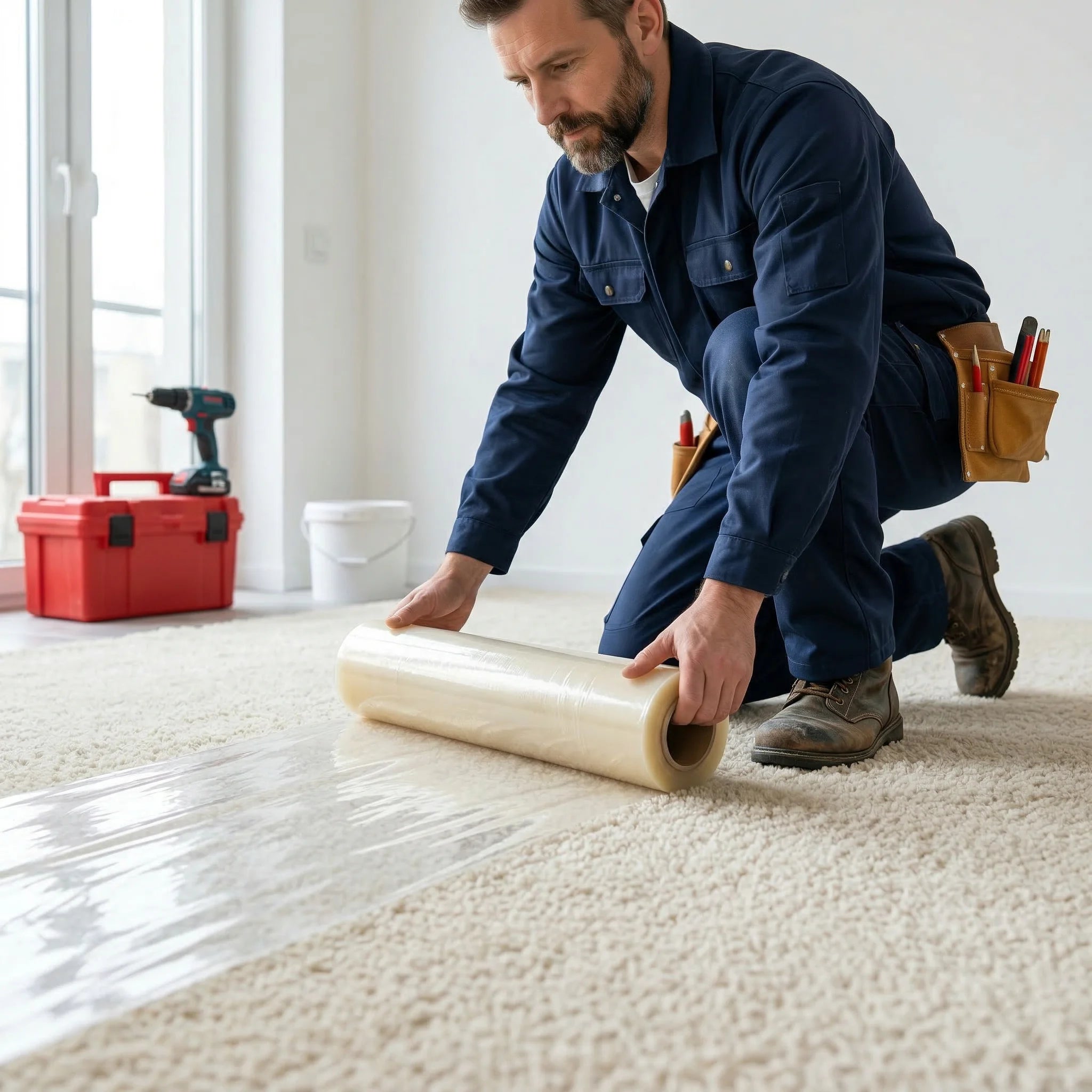 man applying protective film roll onto carpet