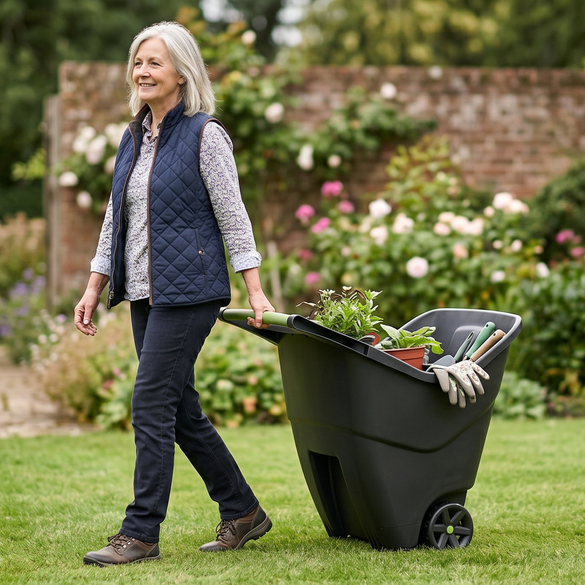 Woman pulling garden caddy across lawn