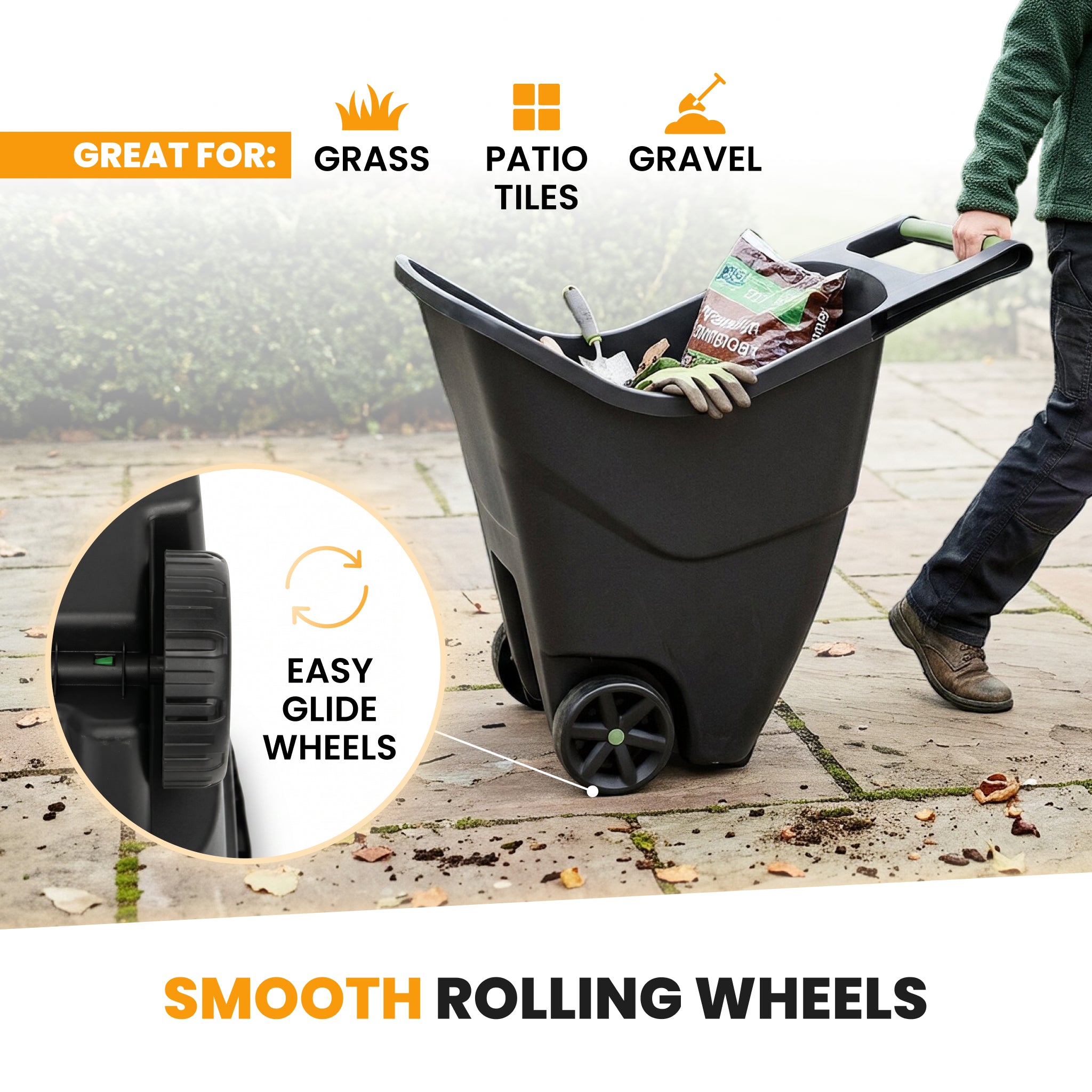 Garden caddy rolling across patio tiles