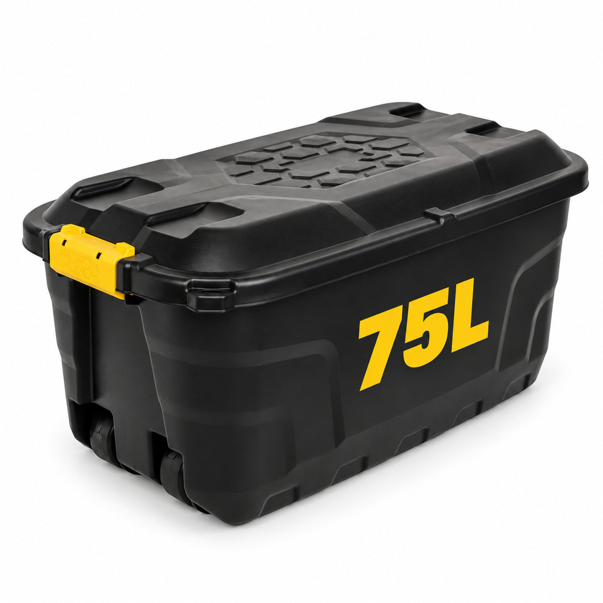 Black 75L storage box on wheels with lid
