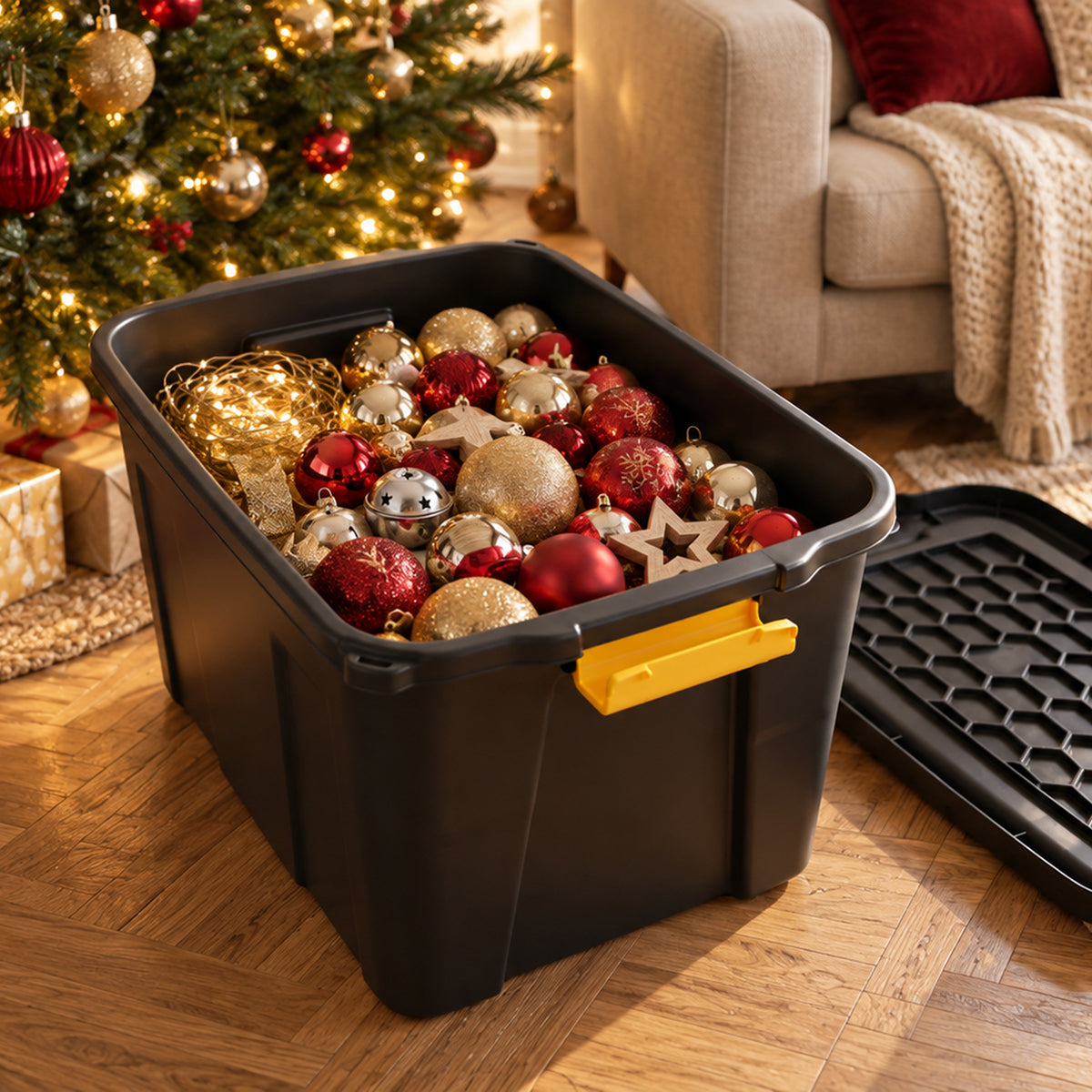 Plastic storage box with Christmas decorations
